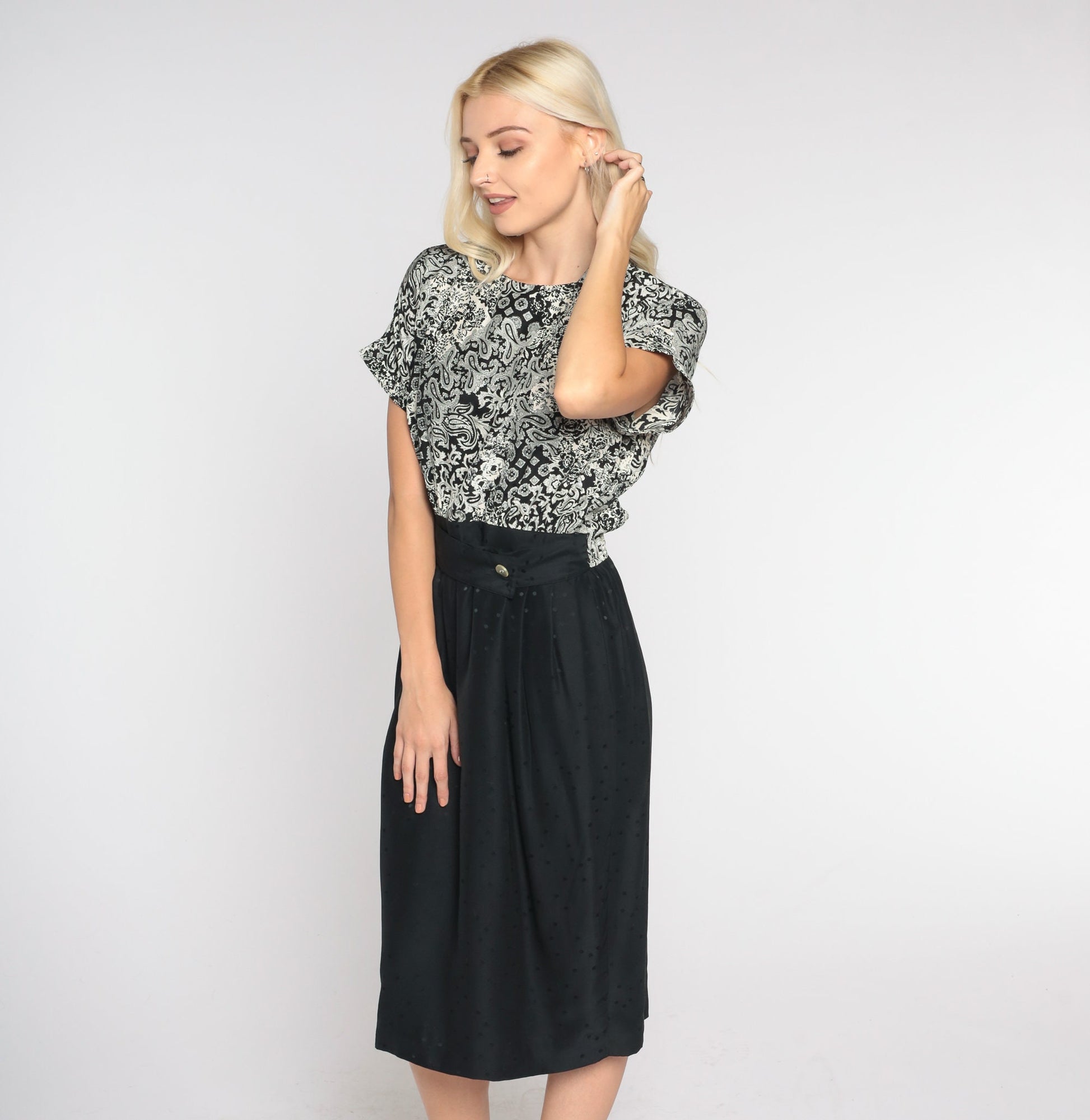 90s Black White Silk Midi Pencil Dress Abstract Floral Paisley Print Small 6