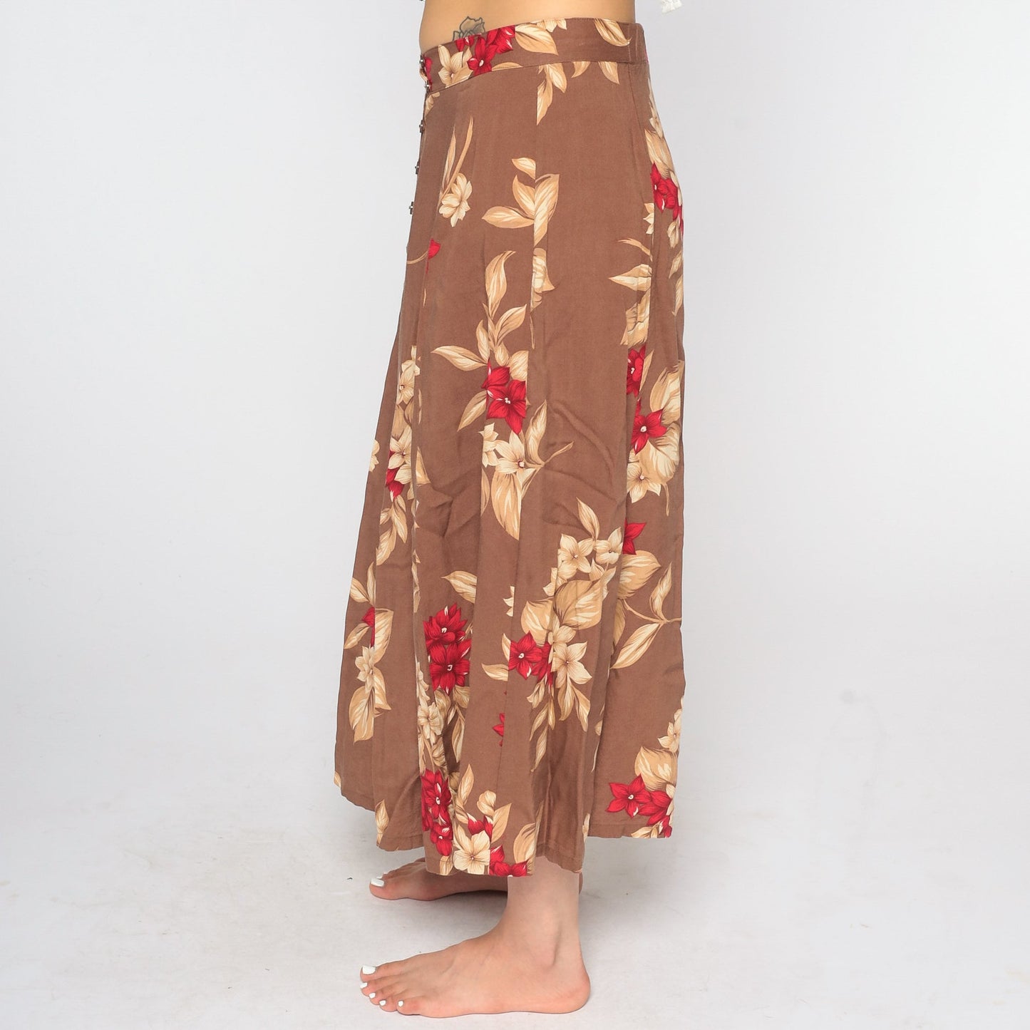 90s Brown Floral Button-Front Maxi Skirt Small Medium