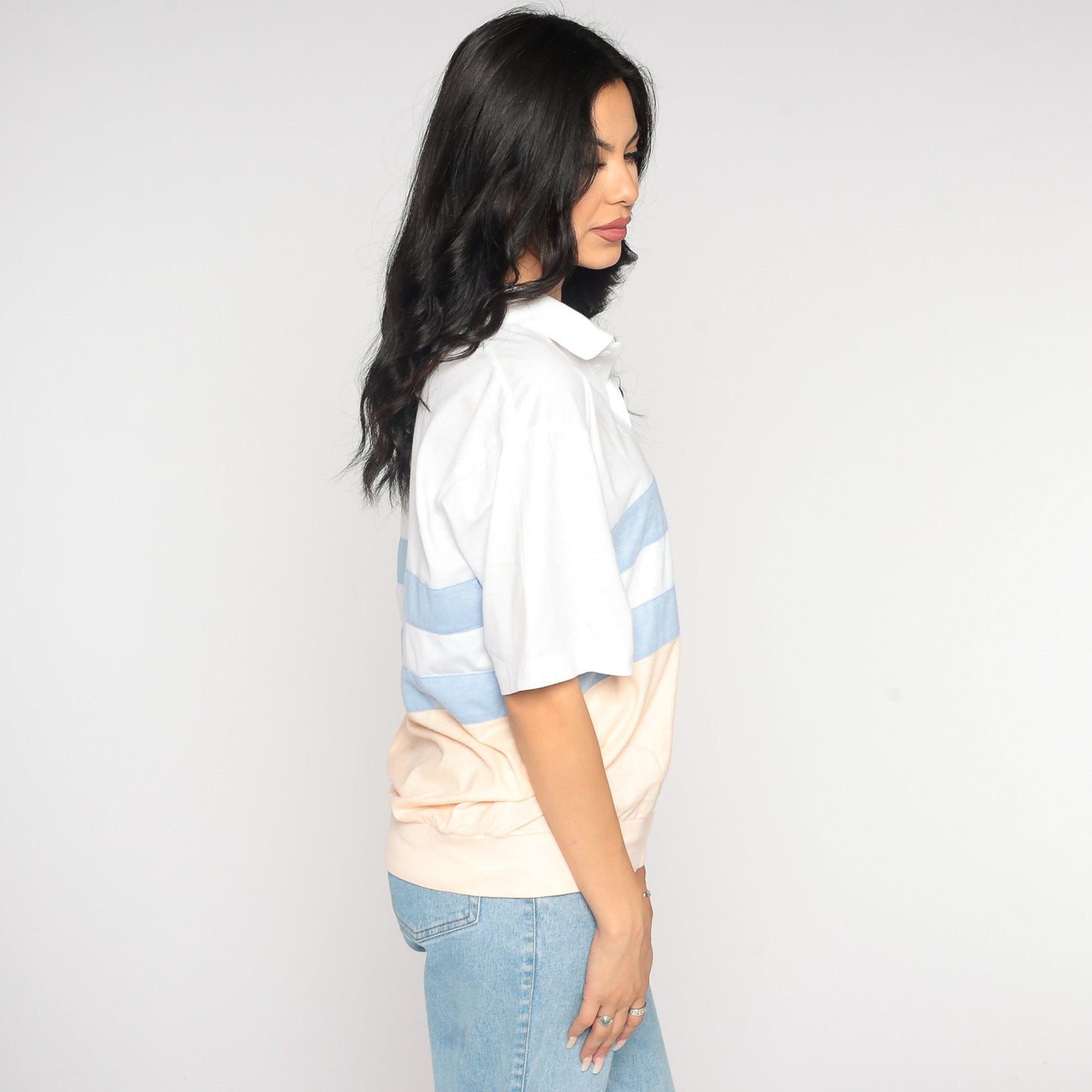 80s Striped Polo Shirt White Peach Blue Color Block Short Sleeve Medium Large