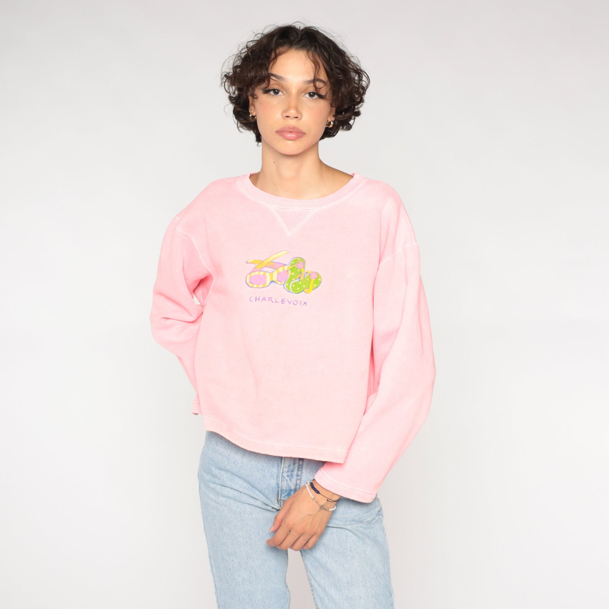 90s Charlevoix Michigan Graphic Sweatshirt Hot Pink Crewneck Medium