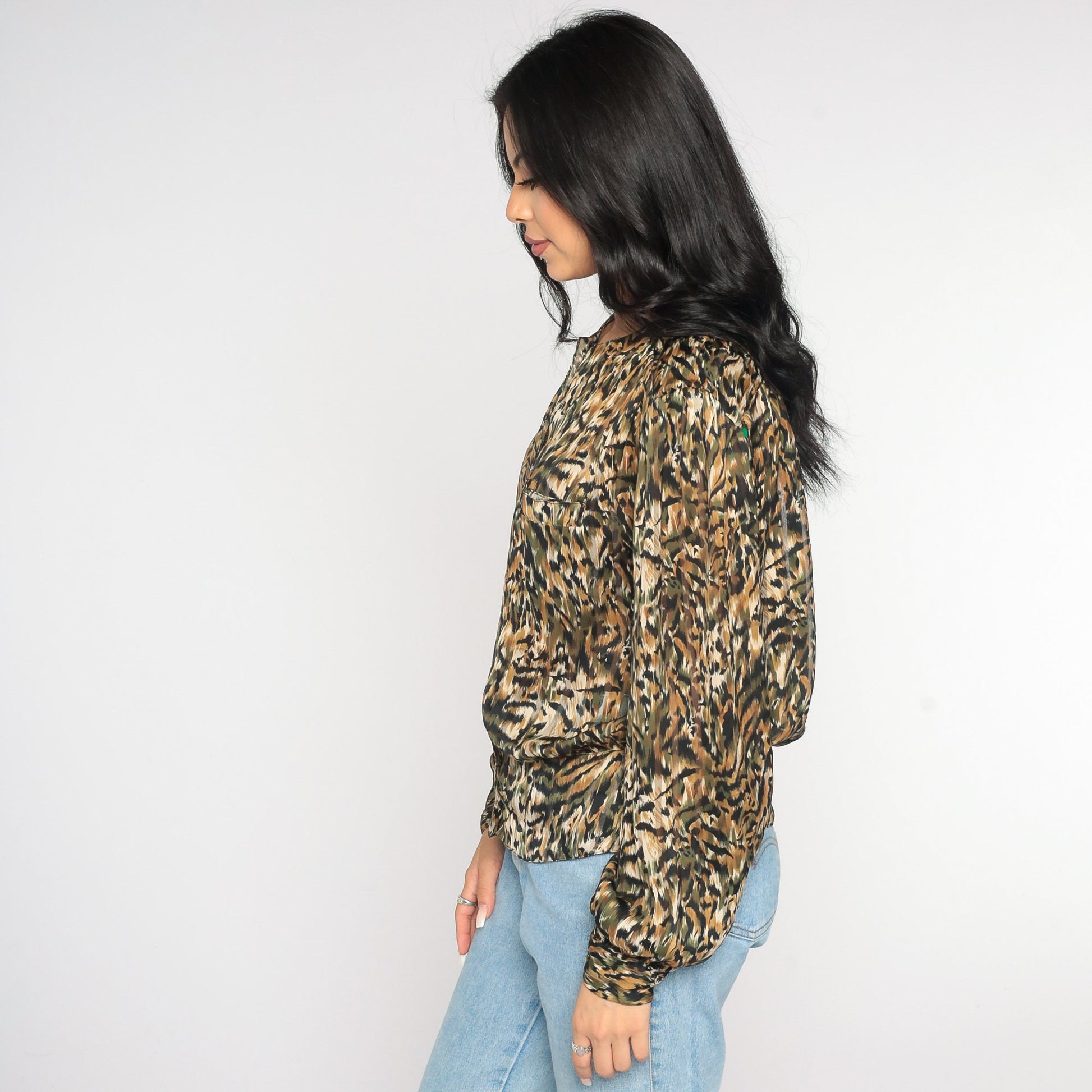 90s Animal Print Button-Up Blouse Tiger Leopard Stripe Long Sleeve Large