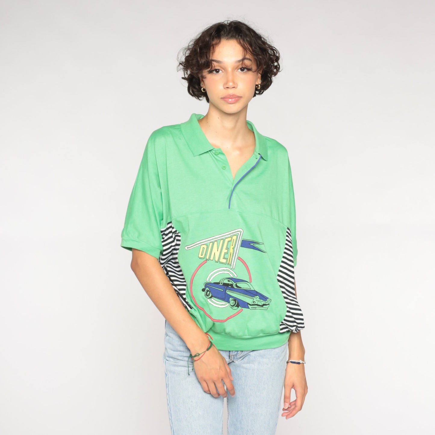 90s Le Tigre Polo Shirt Lime Green Classic Car Diner Graphic Striped Extra Large