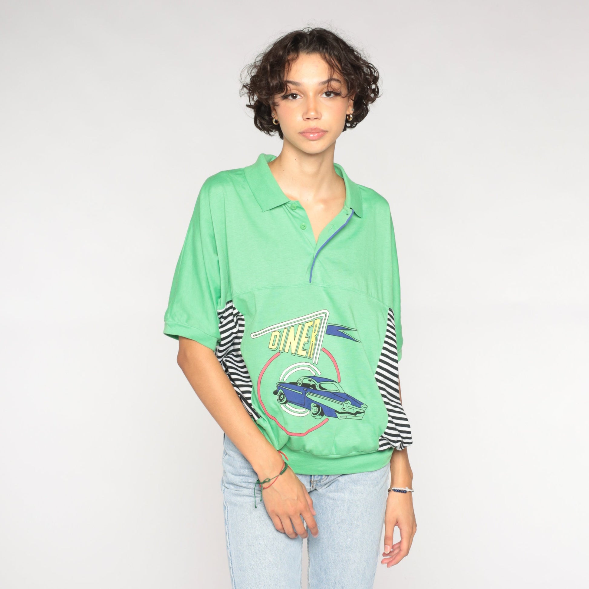90s Le Tigre Polo Shirt Lime Green Classic Car Diner Graphic Striped Extra Large