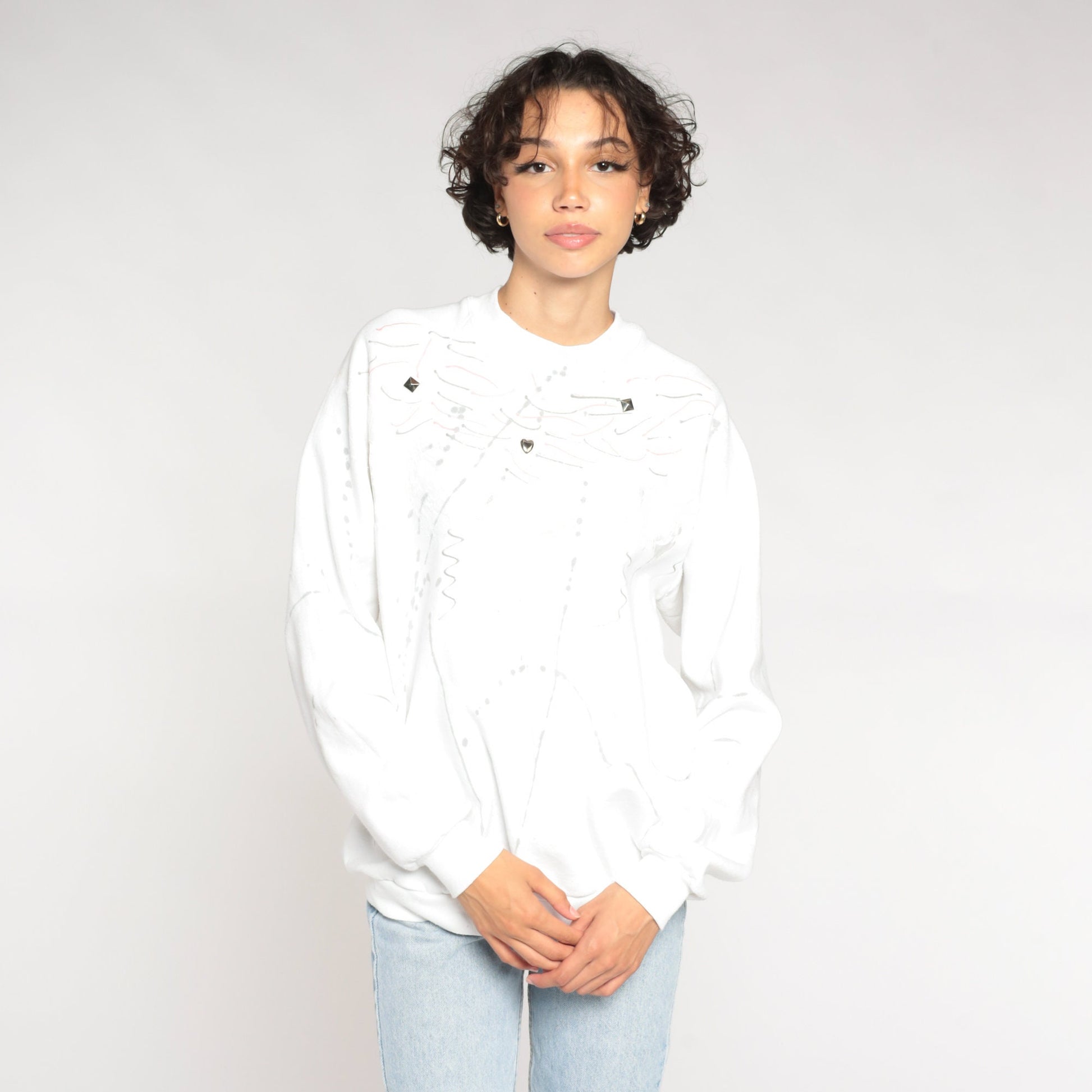 90s Jerzees White Sweatshirt Studded Abstract Painted Design Crewneck Extra Large
