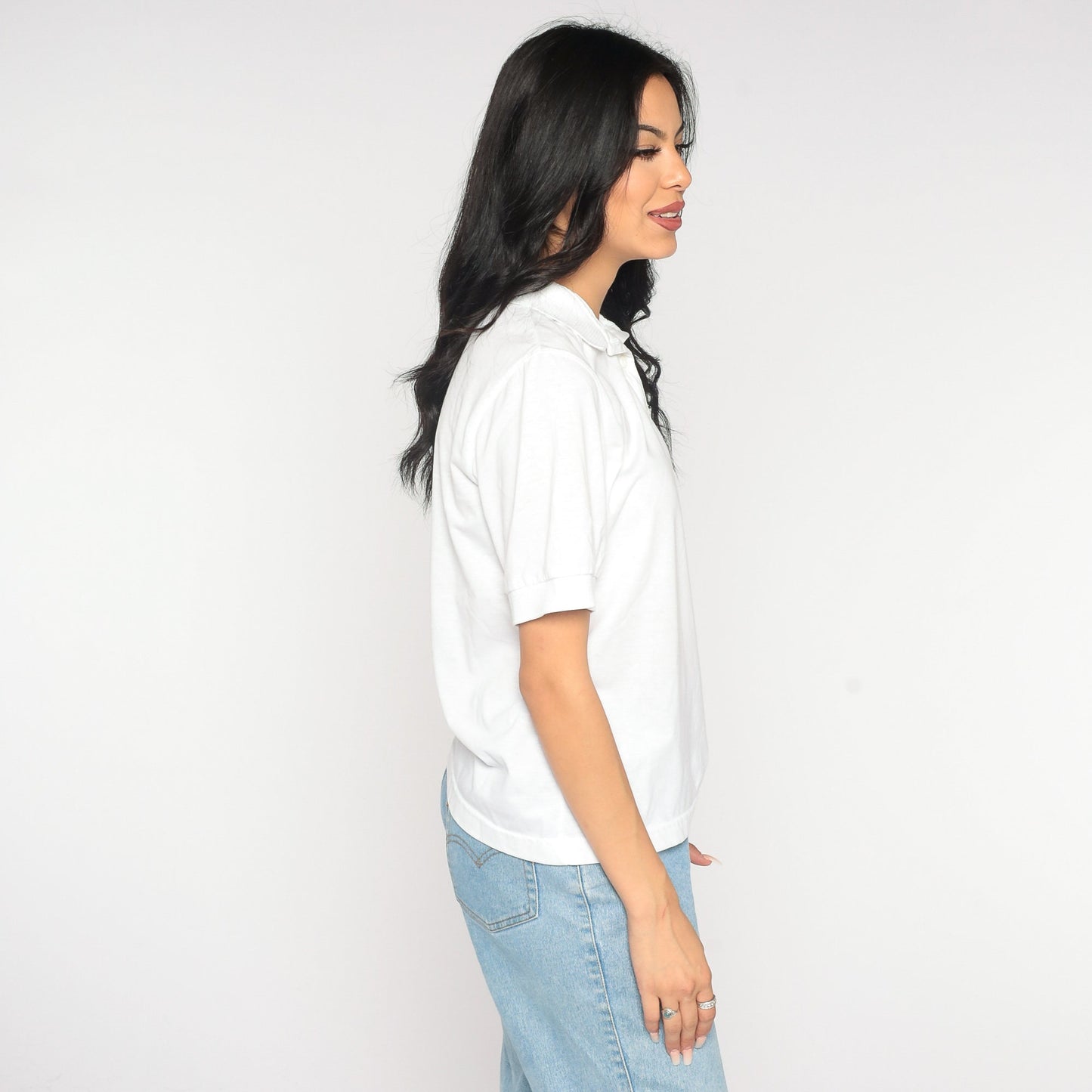 80s White Neon Geometric Polo Shirt Half Button Collared Small