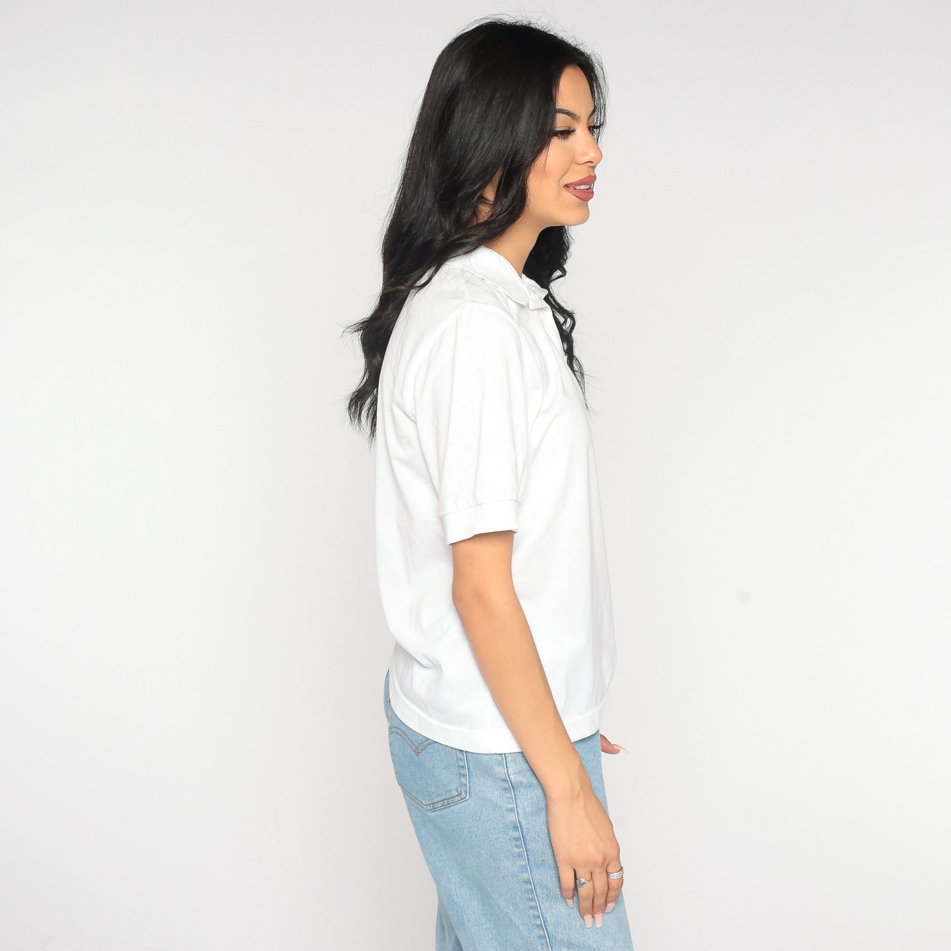 80s White Neon Geometric Polo Shirt Half Button Collared Small