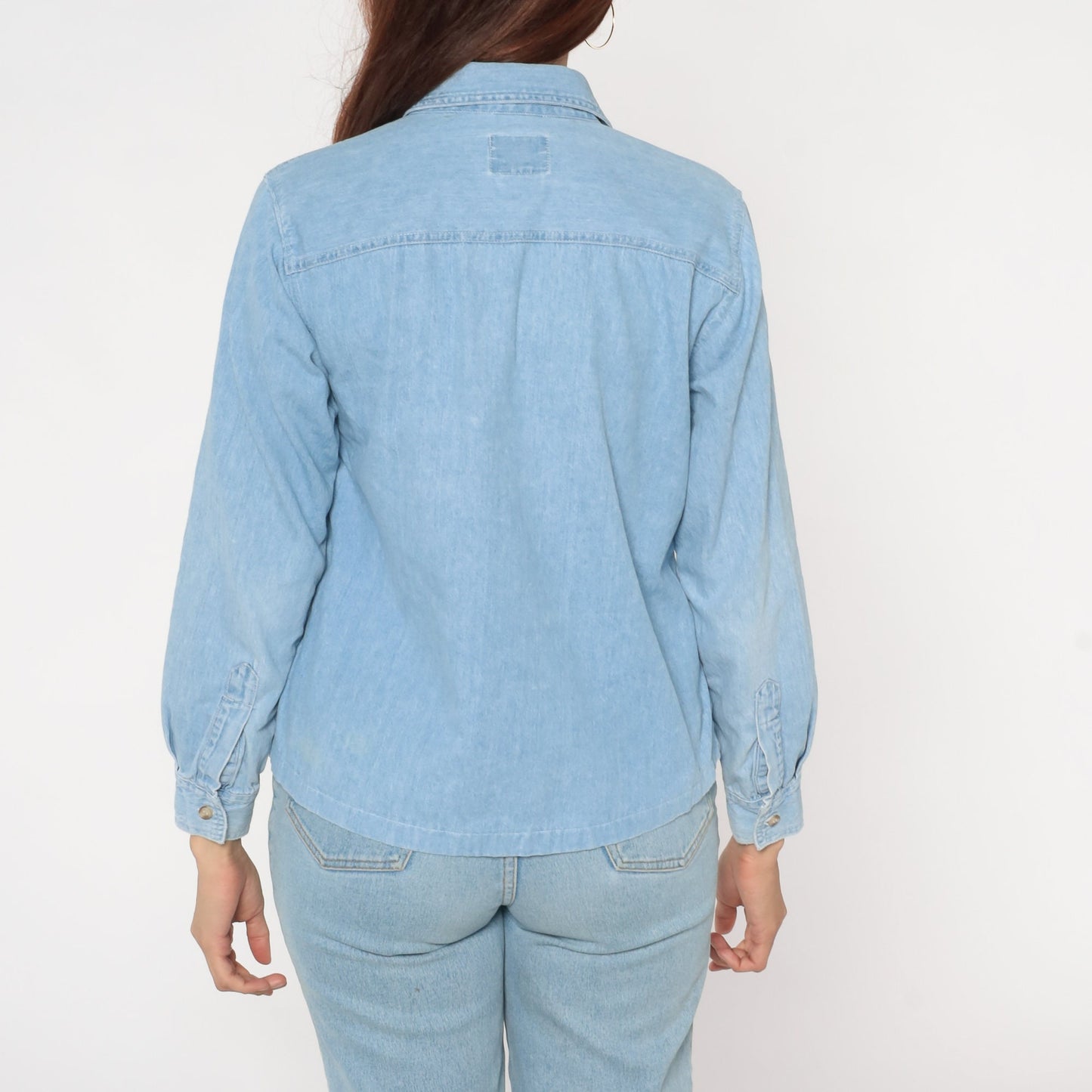 90s Blue Denim Shirt Floral Embroidered Button-Up Blouse Medium M