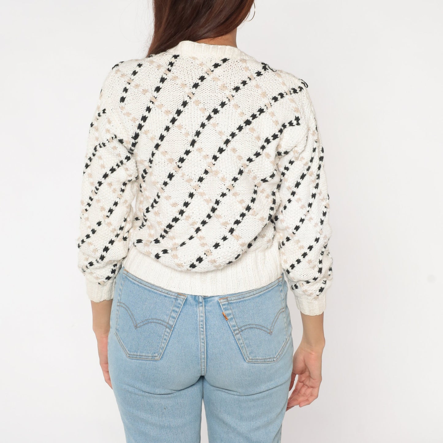 80s White Cardigan Sweater Diamond Textured Knit Black Tan Medium M