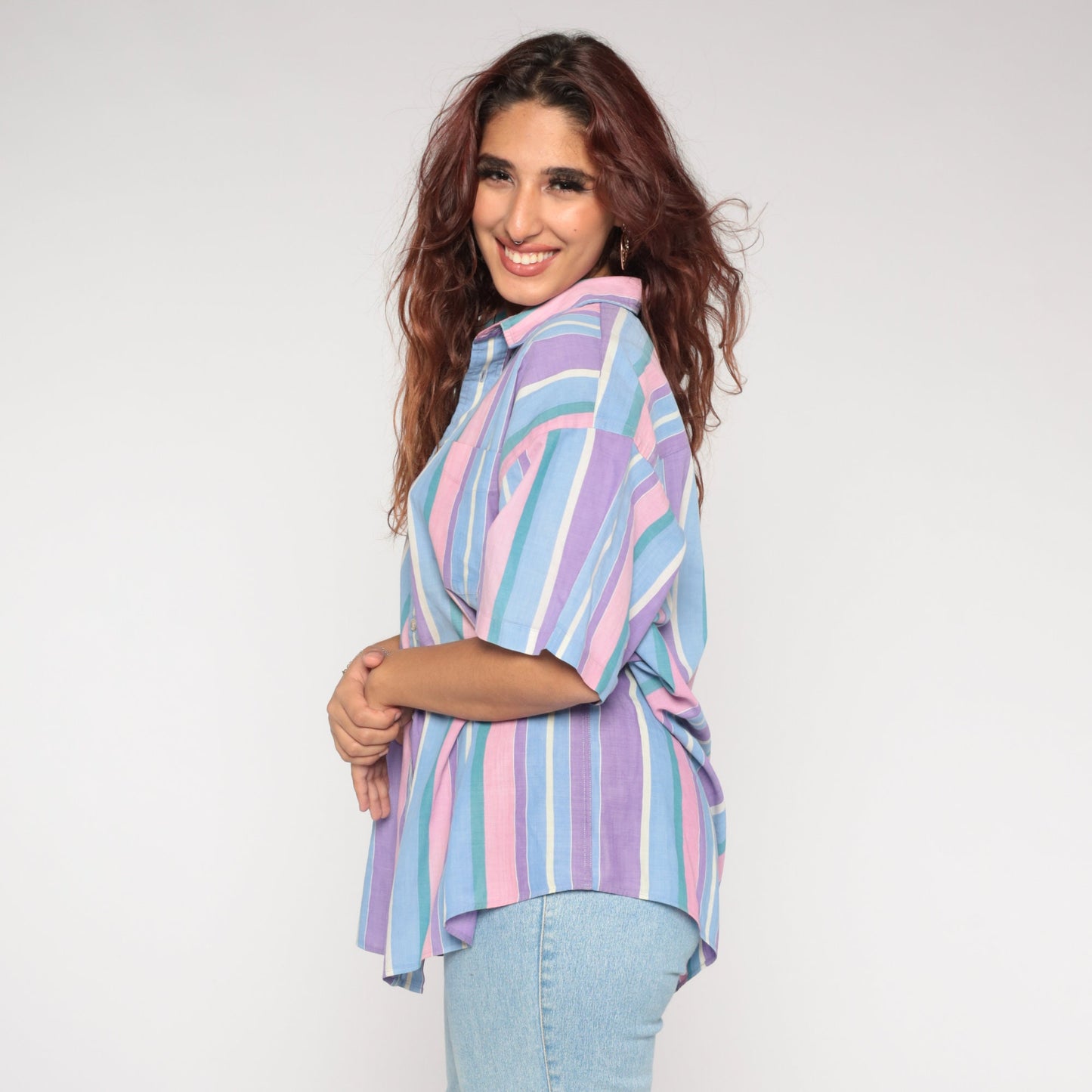 90s Striped Button-Up Shirt Pink Purple Green Short Sleeve Collar XXL