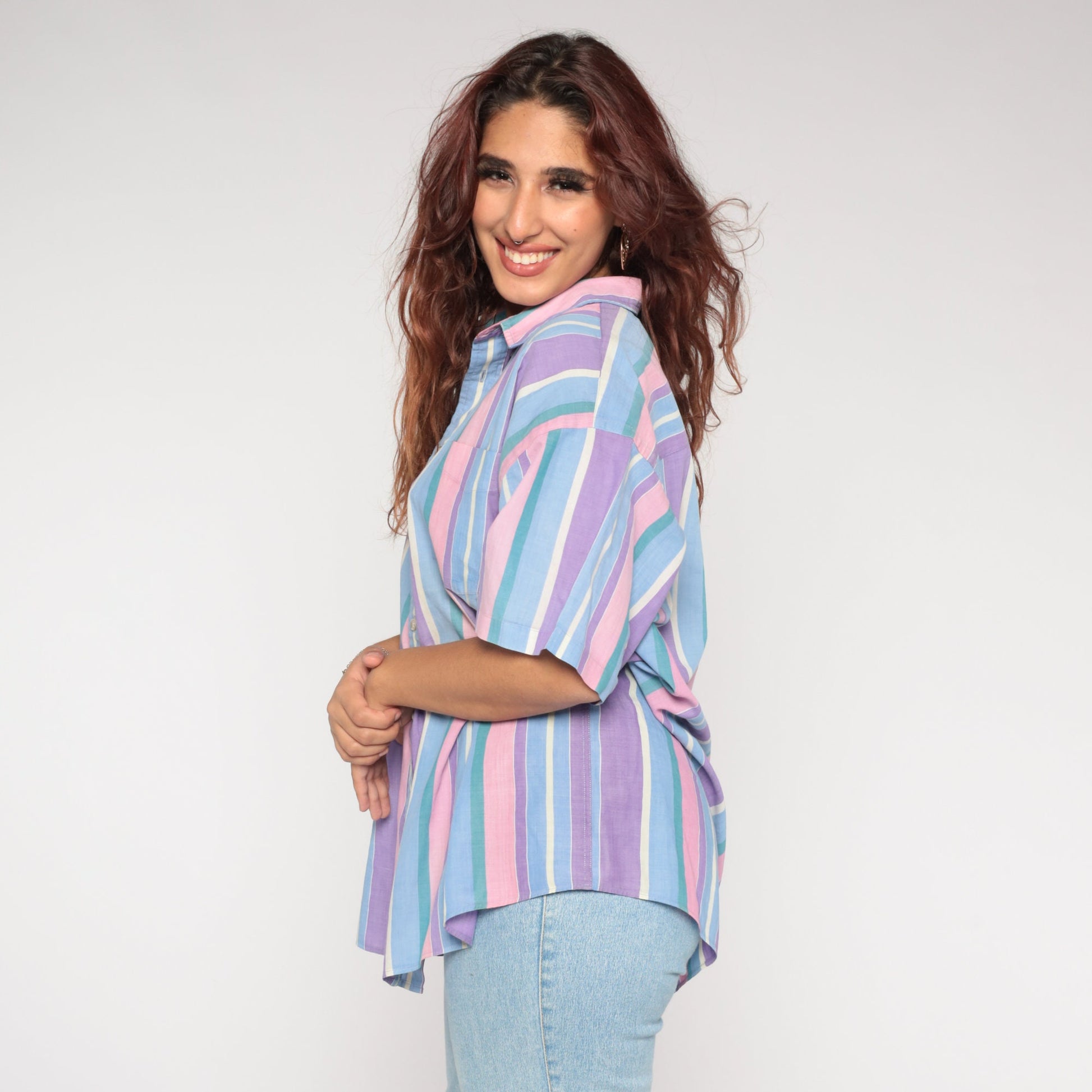 90s Striped Button-Up Shirt Pink Purple Green Short Sleeve Collar XXL
