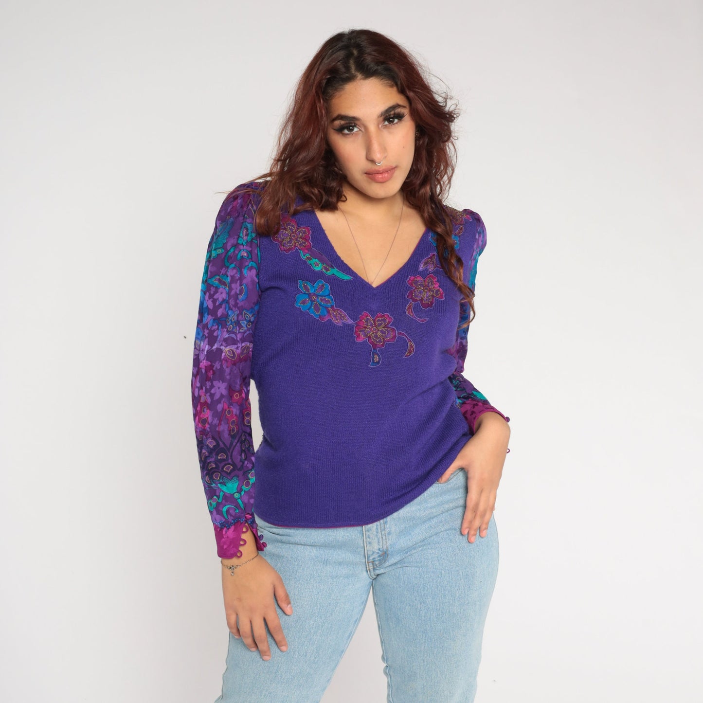 80s Purple Floral Knit Sweater Puff Sleeve V-Neck Appliqué Blouse Small S