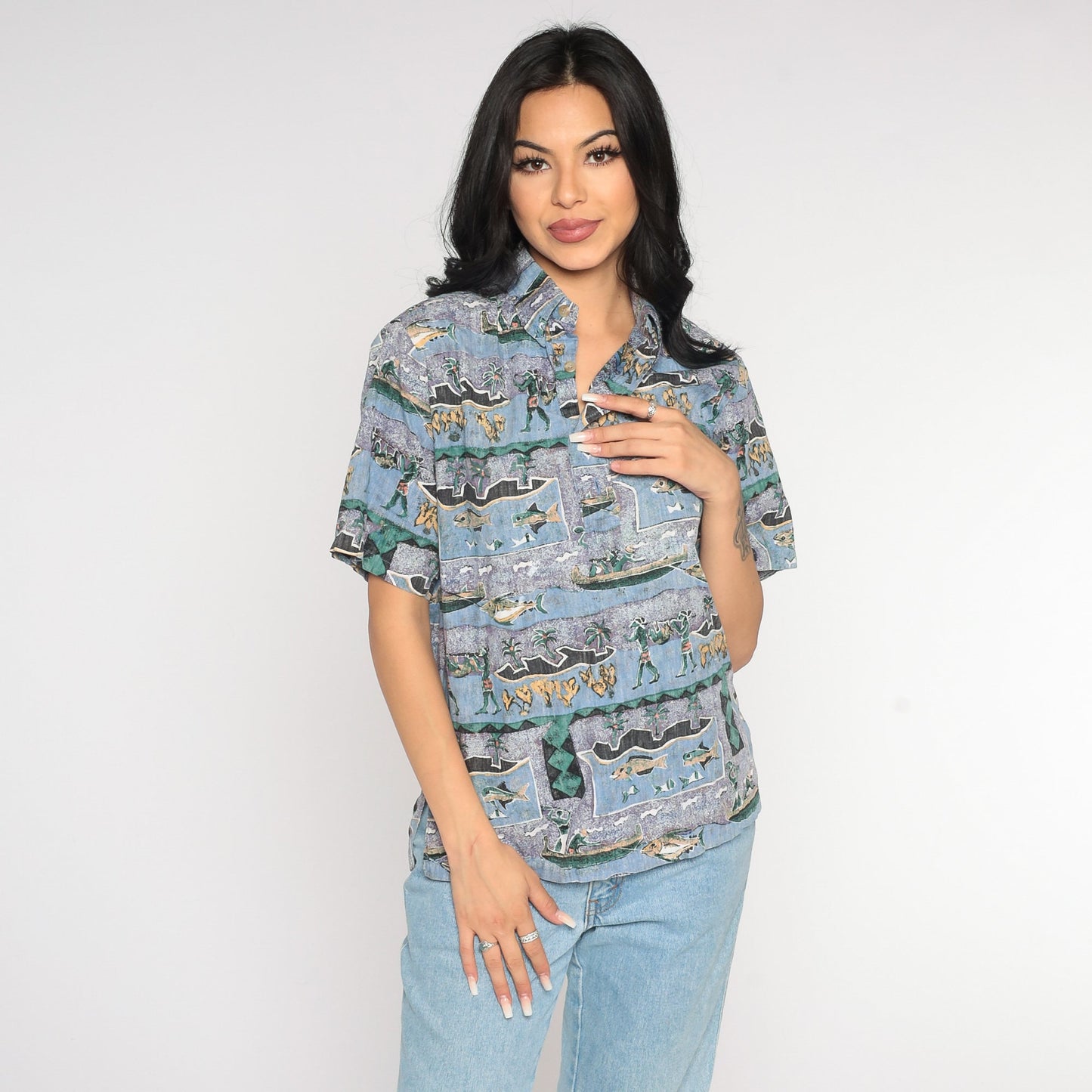 Y2K Tropical Fishing Island Print Button-Up Shirt Purple Blue Cotton Extra Small