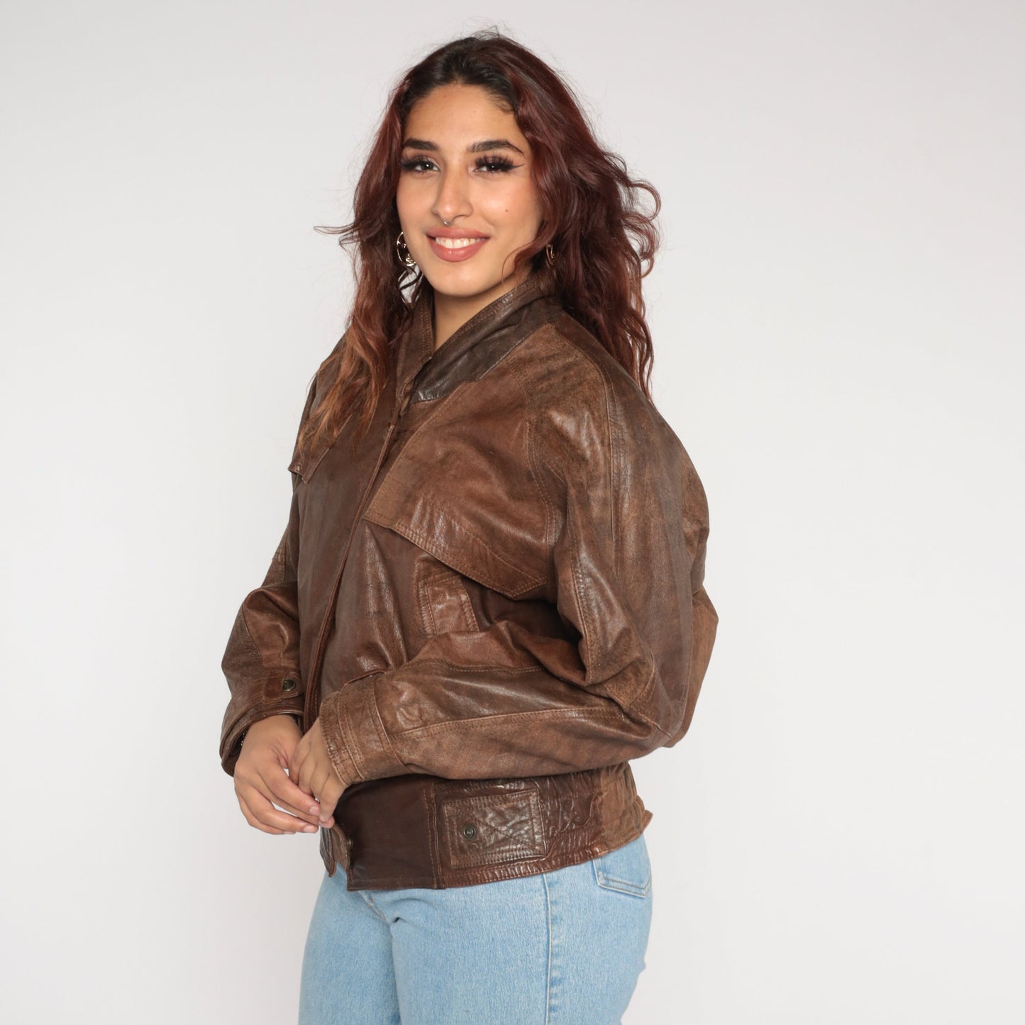90s Brown Leather Snap Jacket Motorcycle Biker Coat Mens Medium M