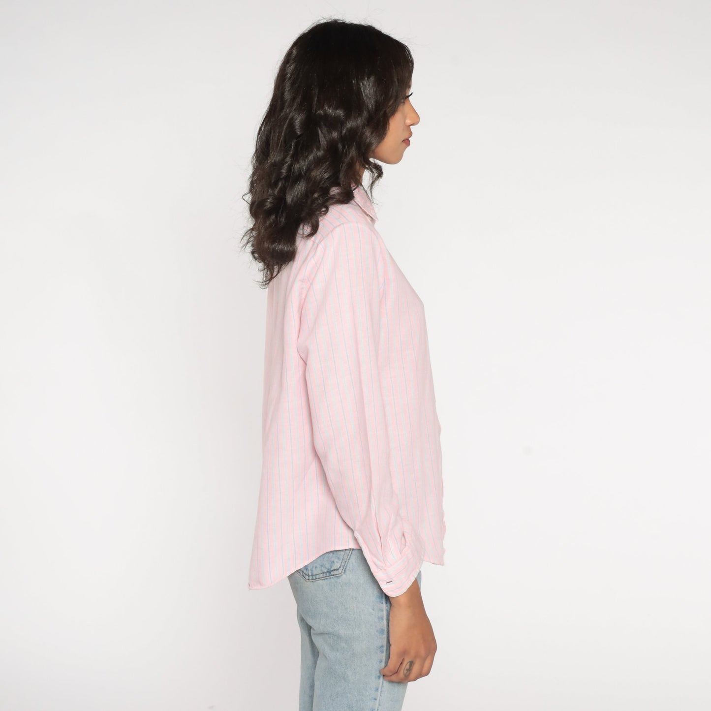 90s Sasson Striped Button-Up Blouse Pink Blue Long Sleeve Extra Large