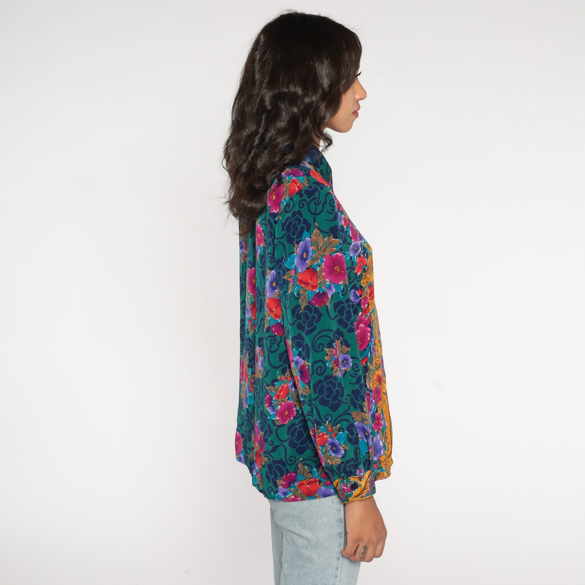 90s Baroque Floral Green Button-Up Blouse Long Sleeve Medium M