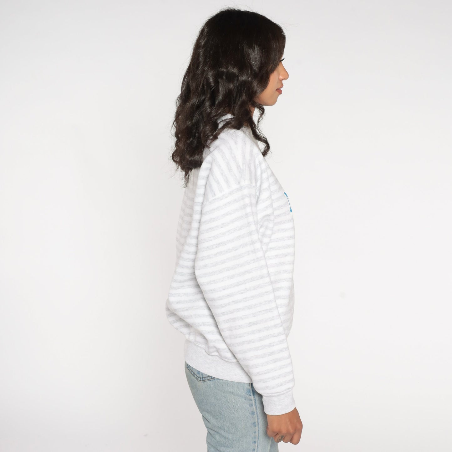 90s Navy Mom America's Proudest Striped Sweatshirt Grey White Crewneck Large
