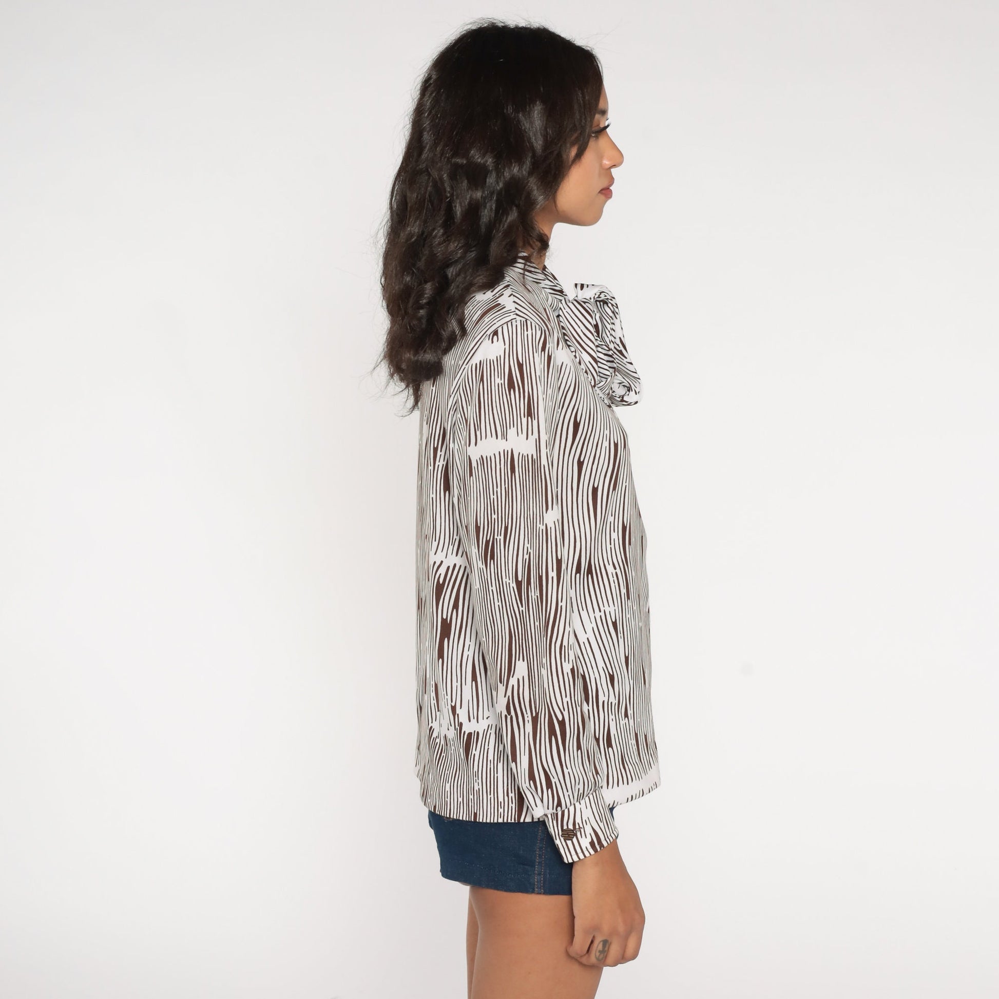 70s I. Magnin Zebra Print Ascot Blouse Long Sleeve White Brown Medium M