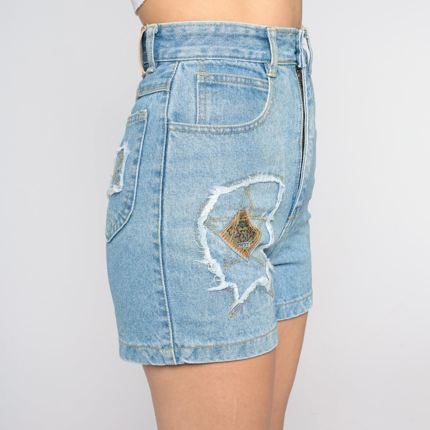90s High Waisted Blue Denim Shorts Embroidered Star Patch Extra Small