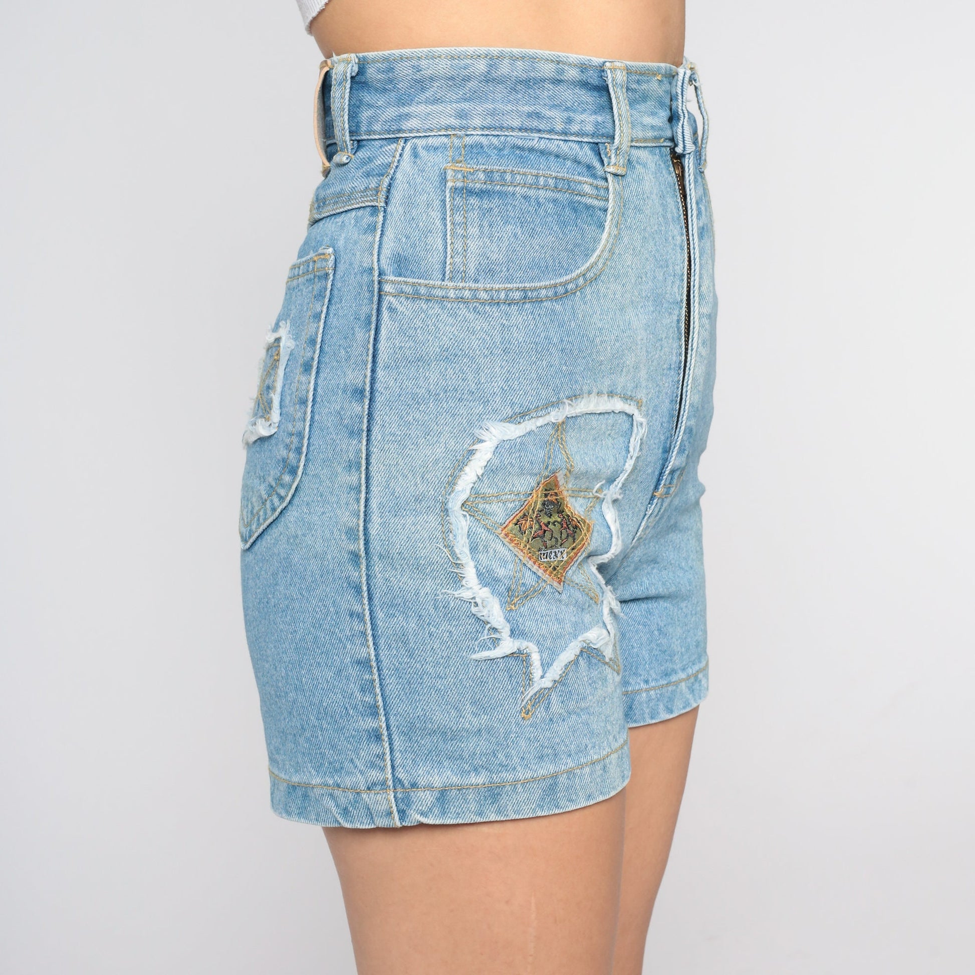 90s High Waisted Blue Denim Shorts Embroidered Star Patch Extra Small