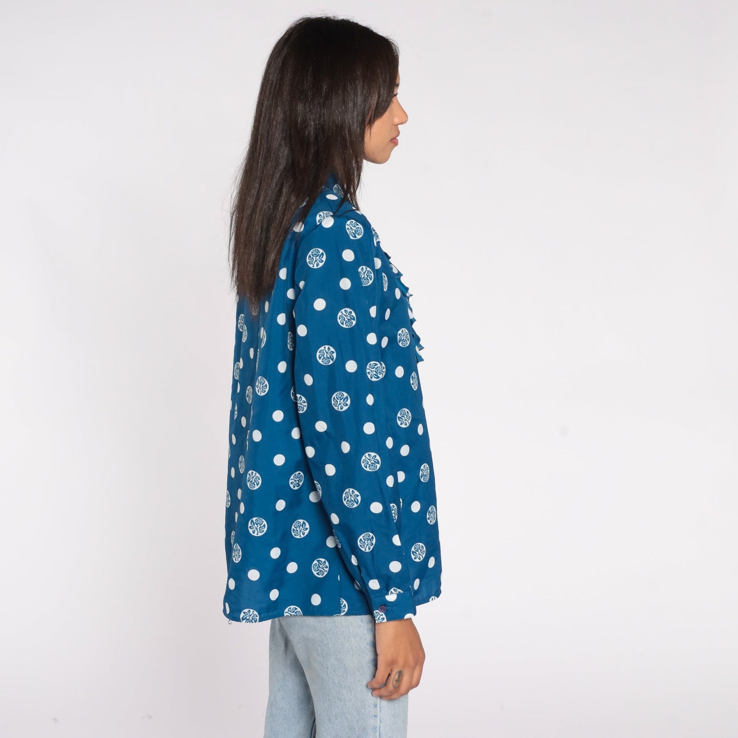 80s Blue Floral Polka Dot Jabot Blouse Button Up Long Sleeve Large L