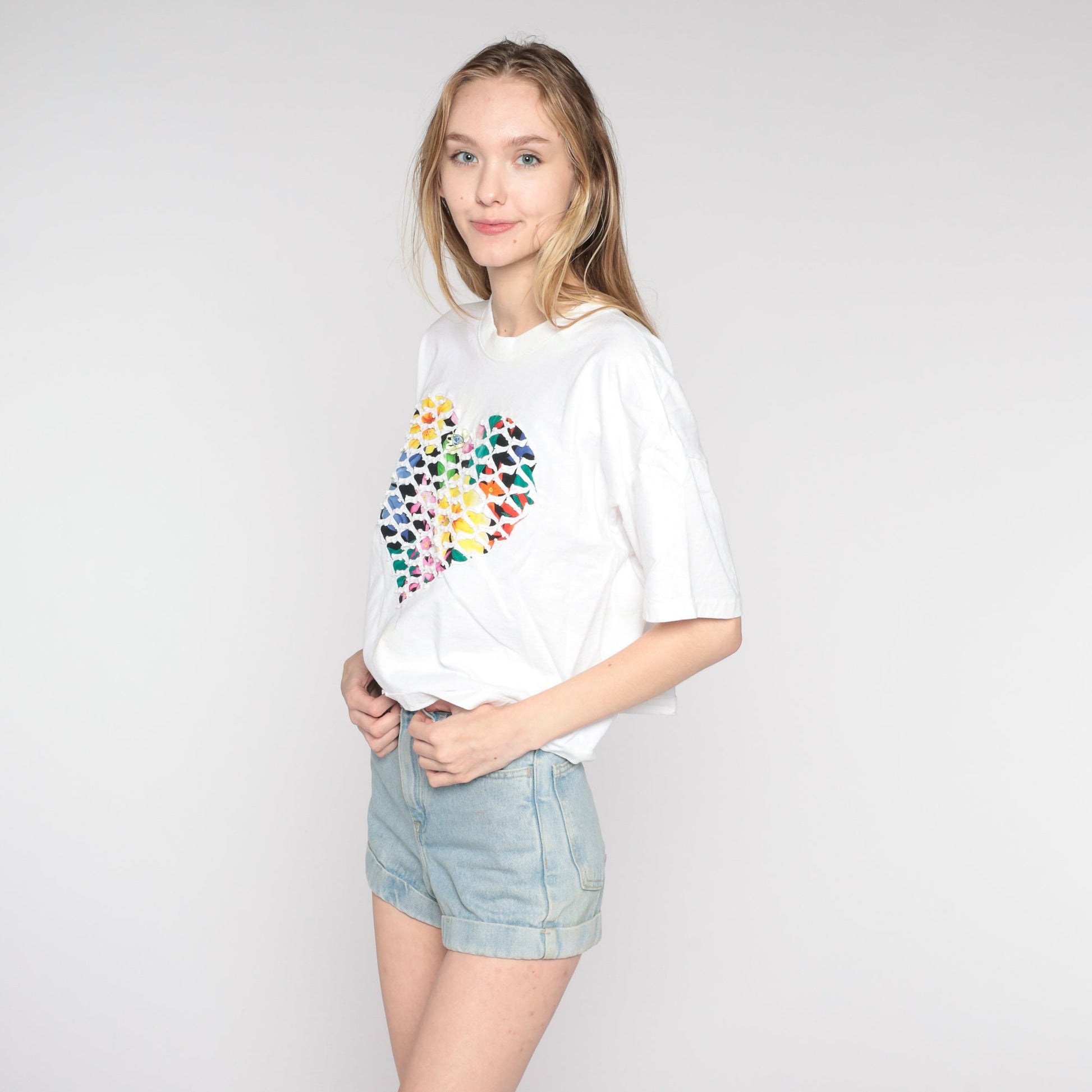 90s Floral Heart Graphic T-Shirt White Single Stitch Rosette Large L