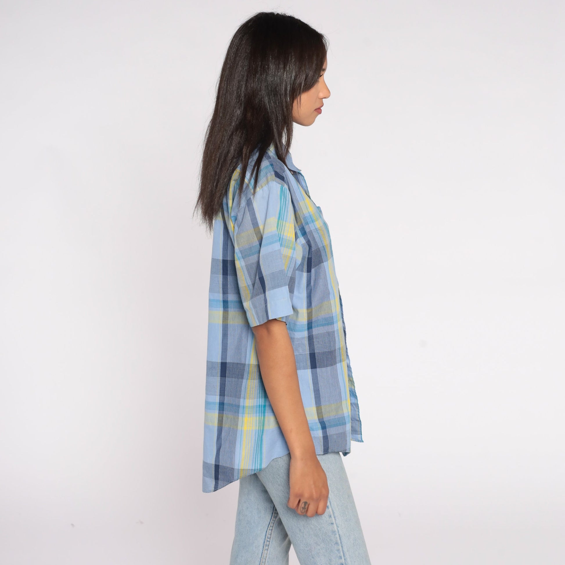 90s Valentino Chemises Blue Plaid Button-Up Shirt Short Sleeve Extra Large XL