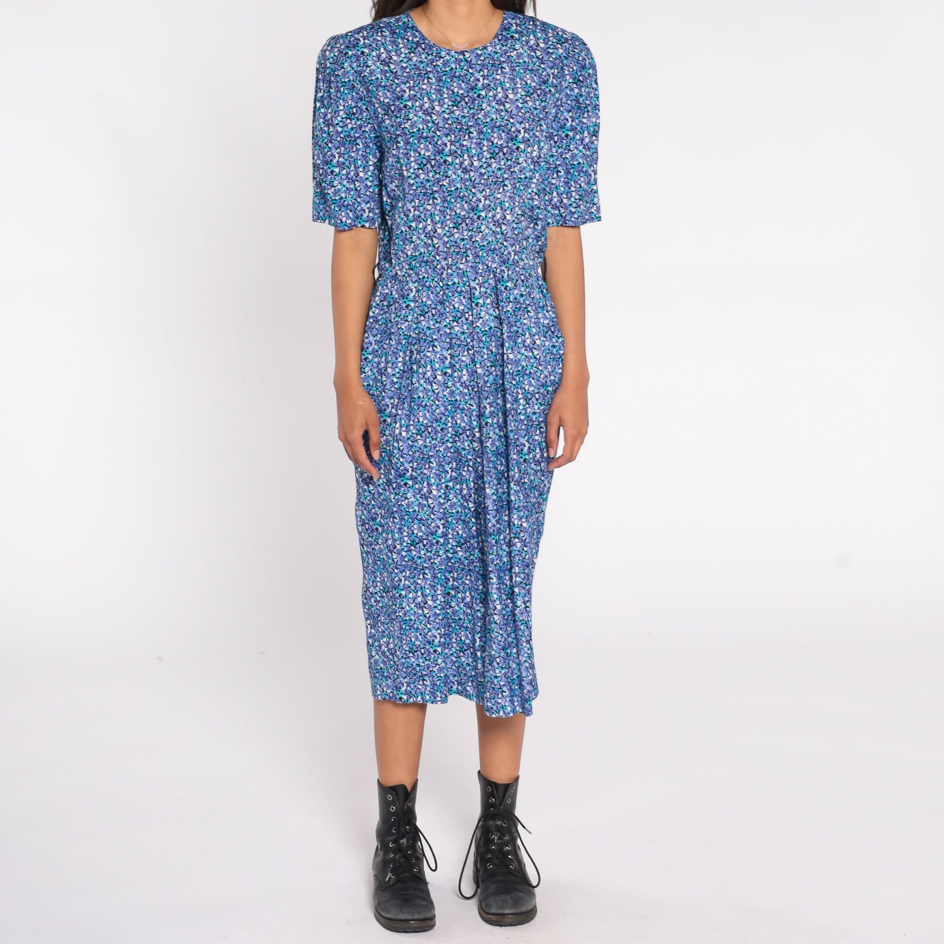 80s Blue Floral Midi Dress Puff Sleeve High Waist Rayon Medium