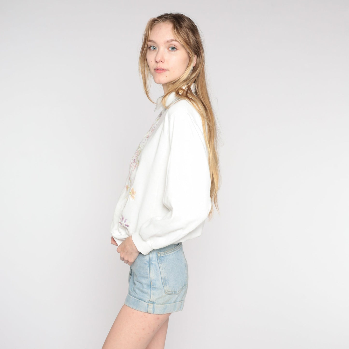 90s Floral Embroidered Collared Sweatshirt White Crewneck Petite Large