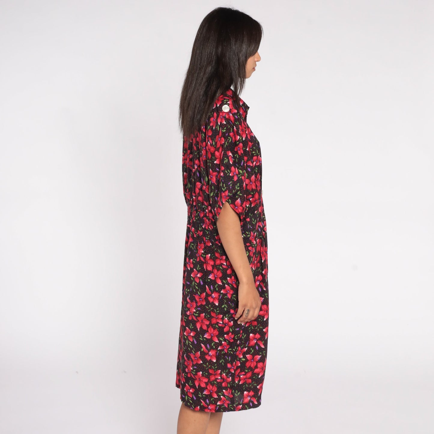 80s Floral Shirtdress Black Red Epaulette Midi Pleated Rayon Large L
