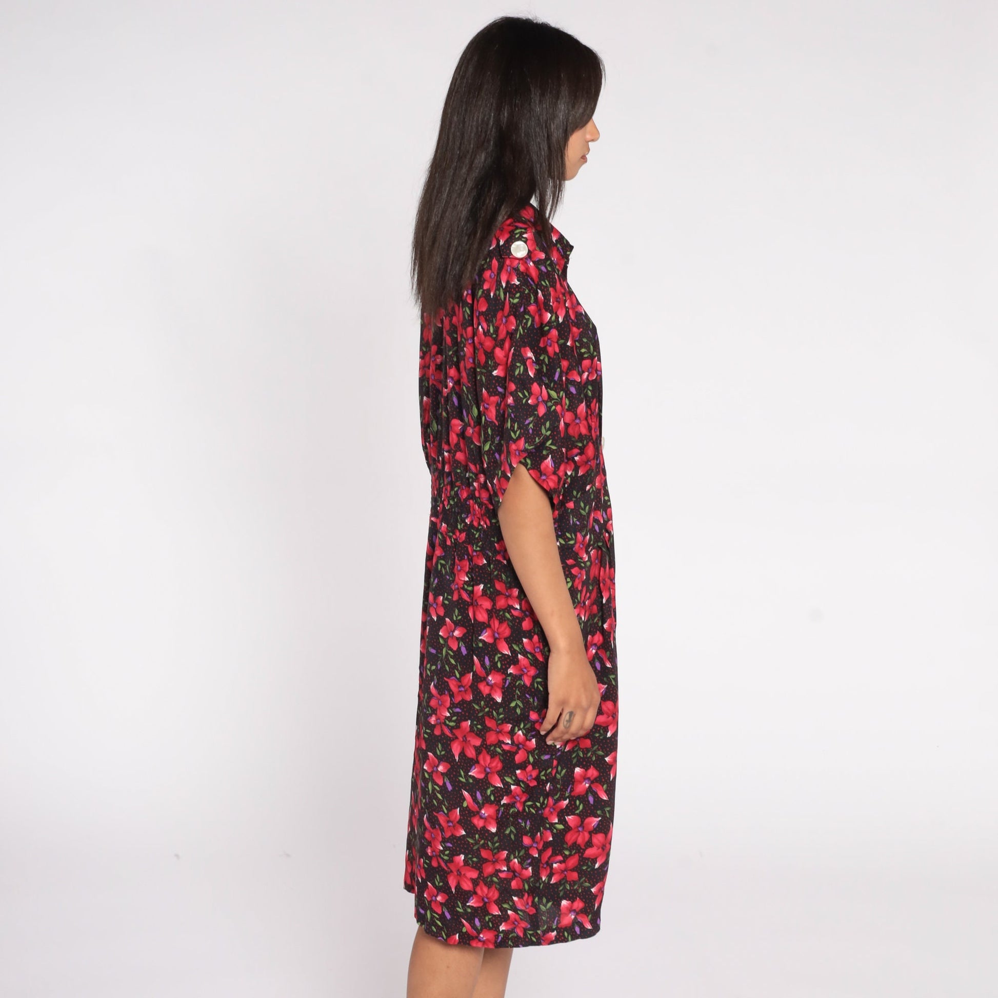 80s Floral Shirtdress Black Red Epaulette Midi Pleated Rayon Large L