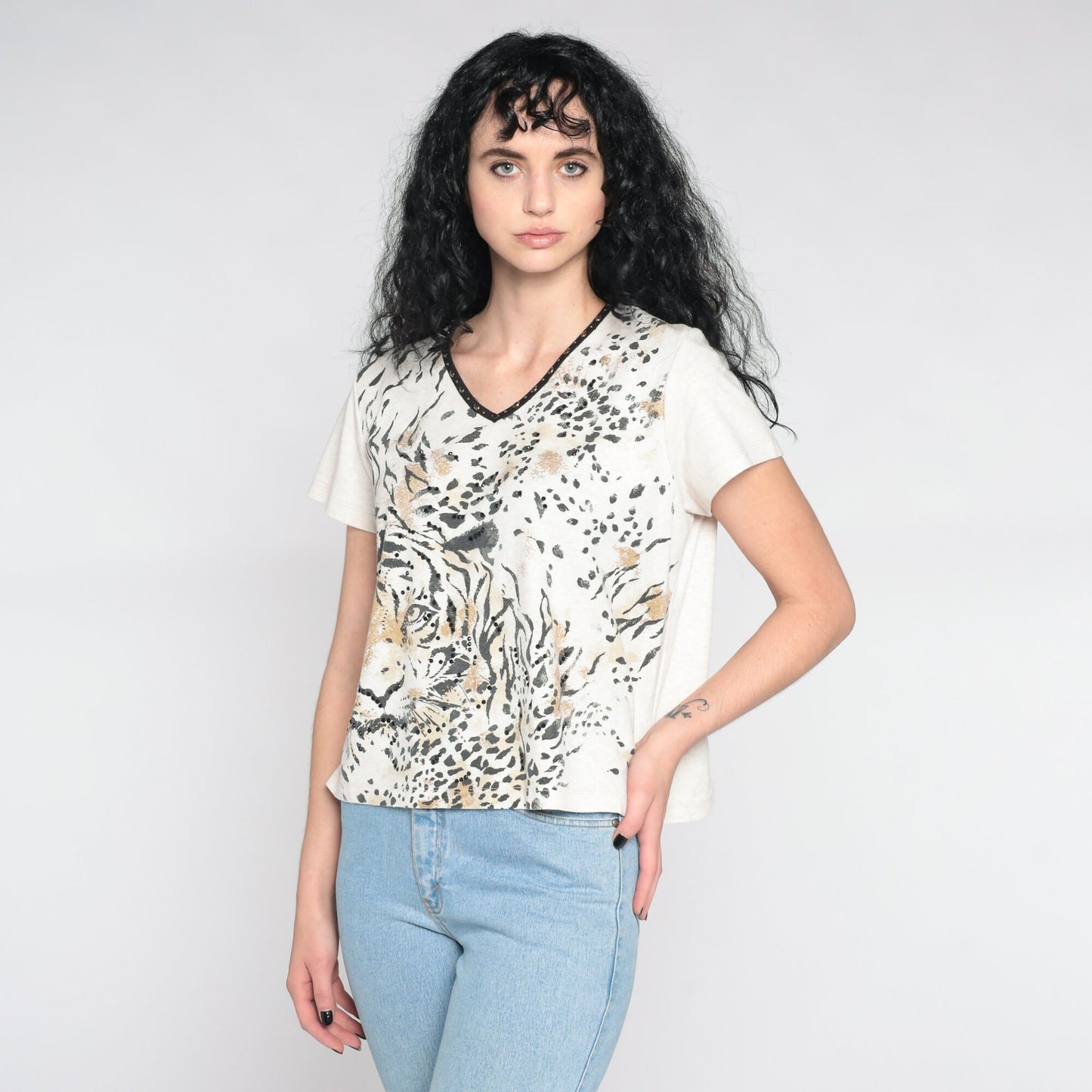 Y2K Tiger Face Studded Graphic T-Shirt Cream Beaded Animal Tee Large L