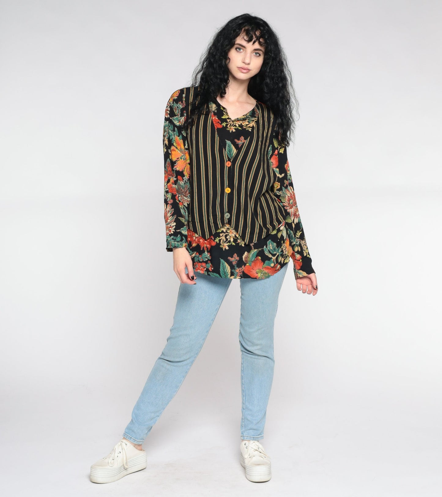 90s Carol Little Floral Blouse Black Striped Attached Vest Button Up Large