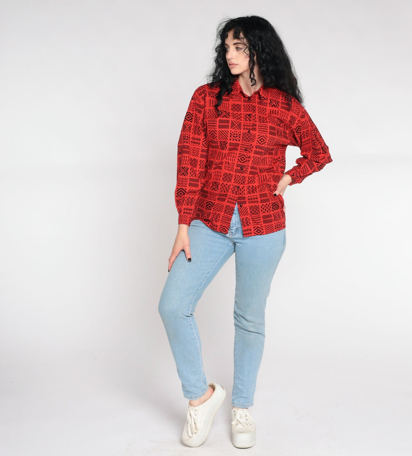 80s Liz Claiborne Geometric Button Up Shirt Red Southwestern Zig Zag Small