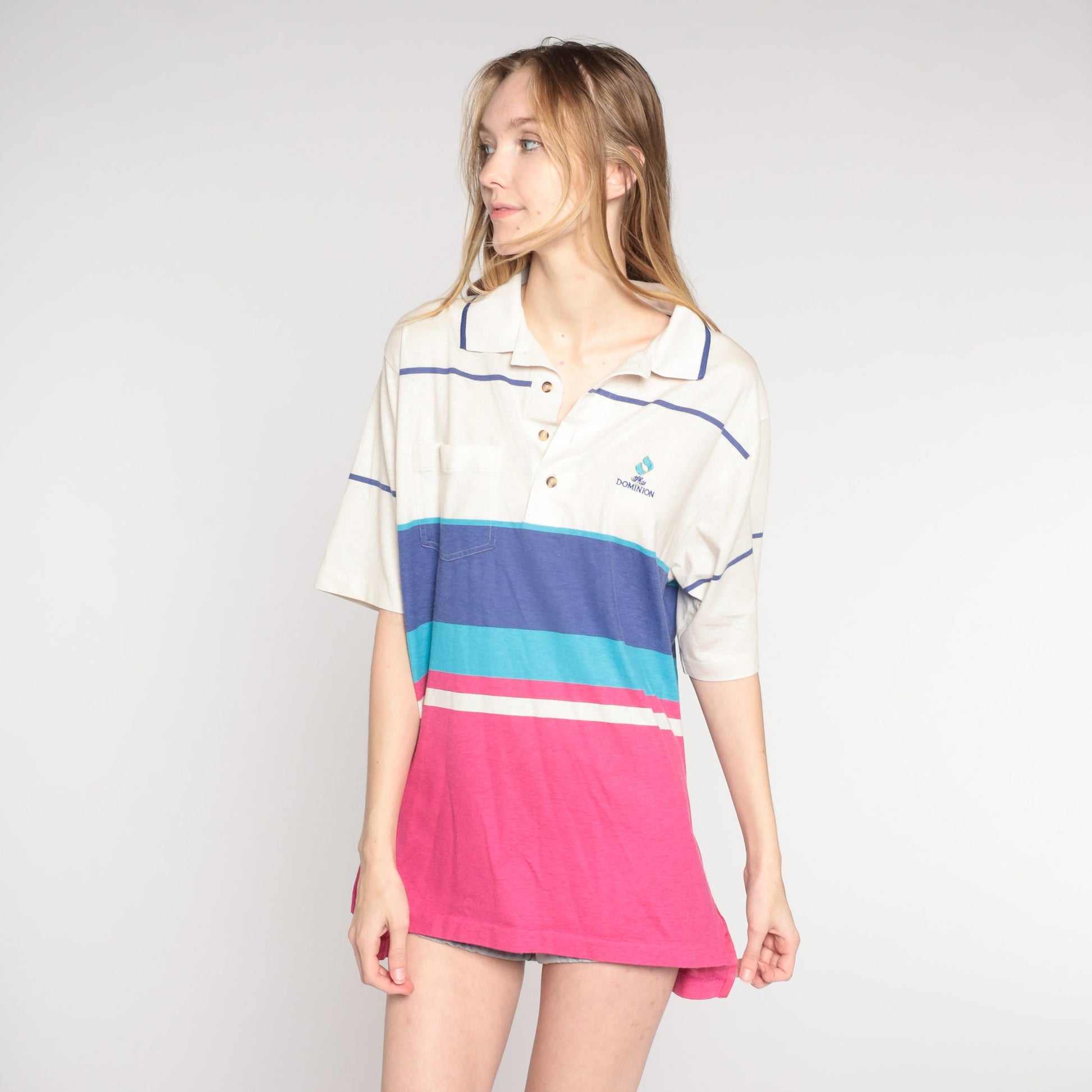 90s Izod Club Polo Shirt The Dominion Striped Color Block White Pink Blue Large