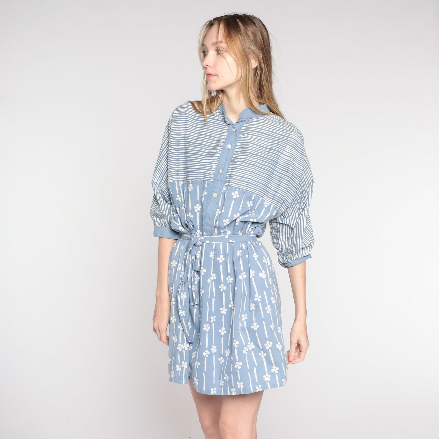 80s Striped Floral Shirtdress Blue Button-Up Mini Cotton Extra Large