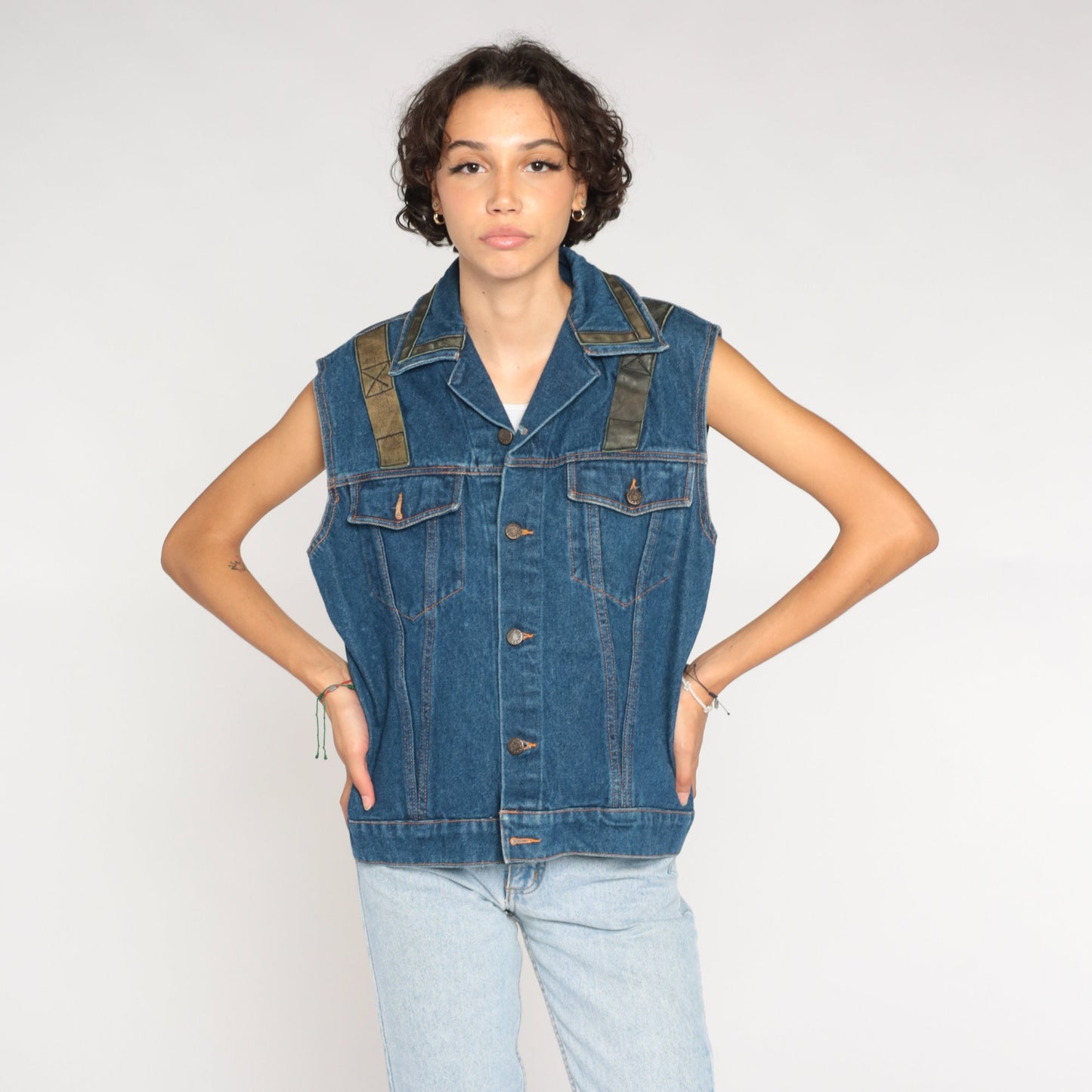 90s Snap-On Tools Denim Vest Blue Leather Trim Button-Up Sleeveless Medium