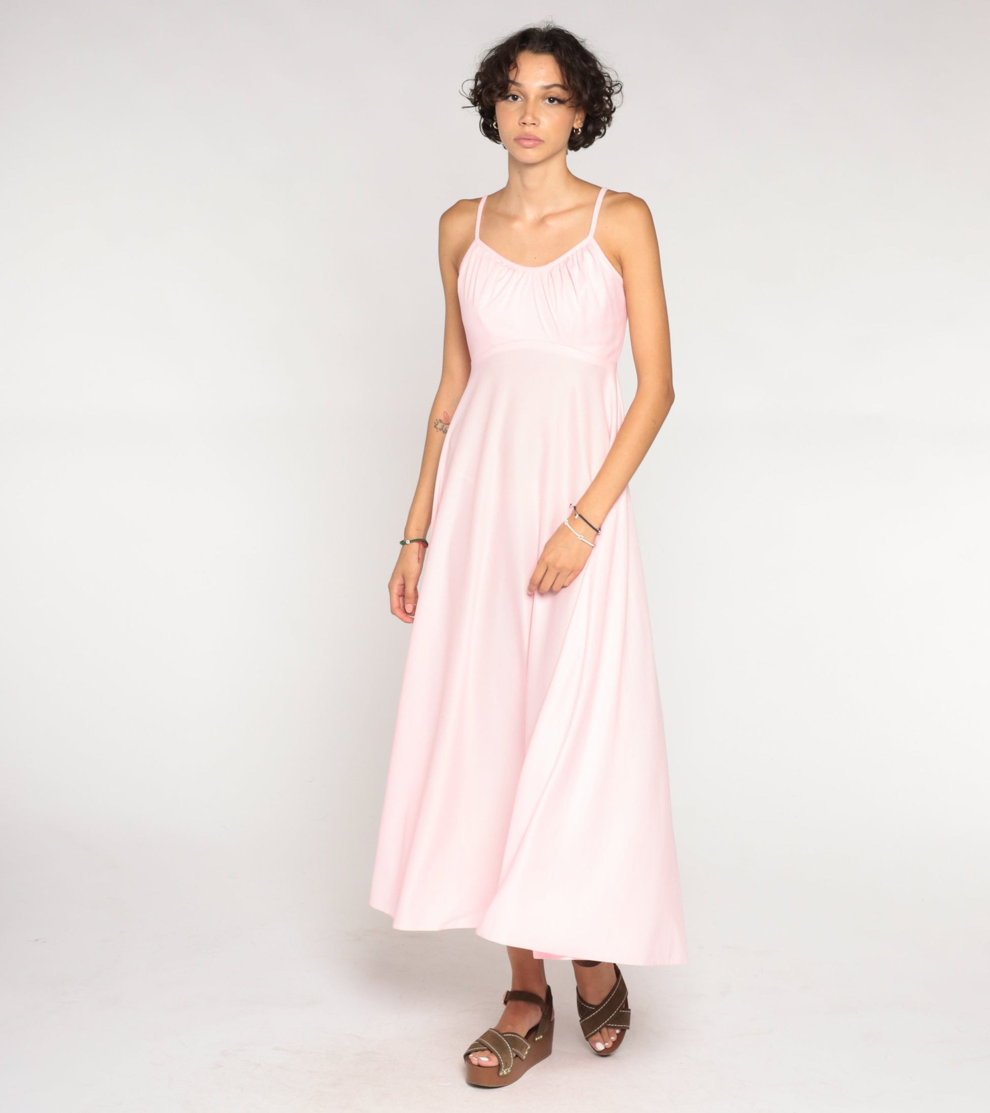 70s Baby Pink Empire Waist Maxi Dress Sleeveless Small S