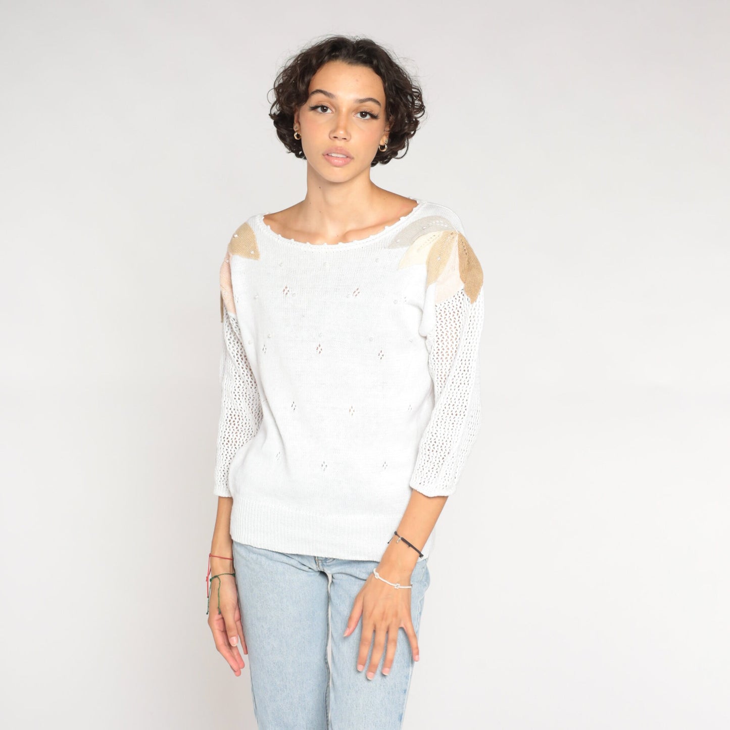 90s White Cutout Knit Sweater Pearl Beaded Leaf Applique Medium M