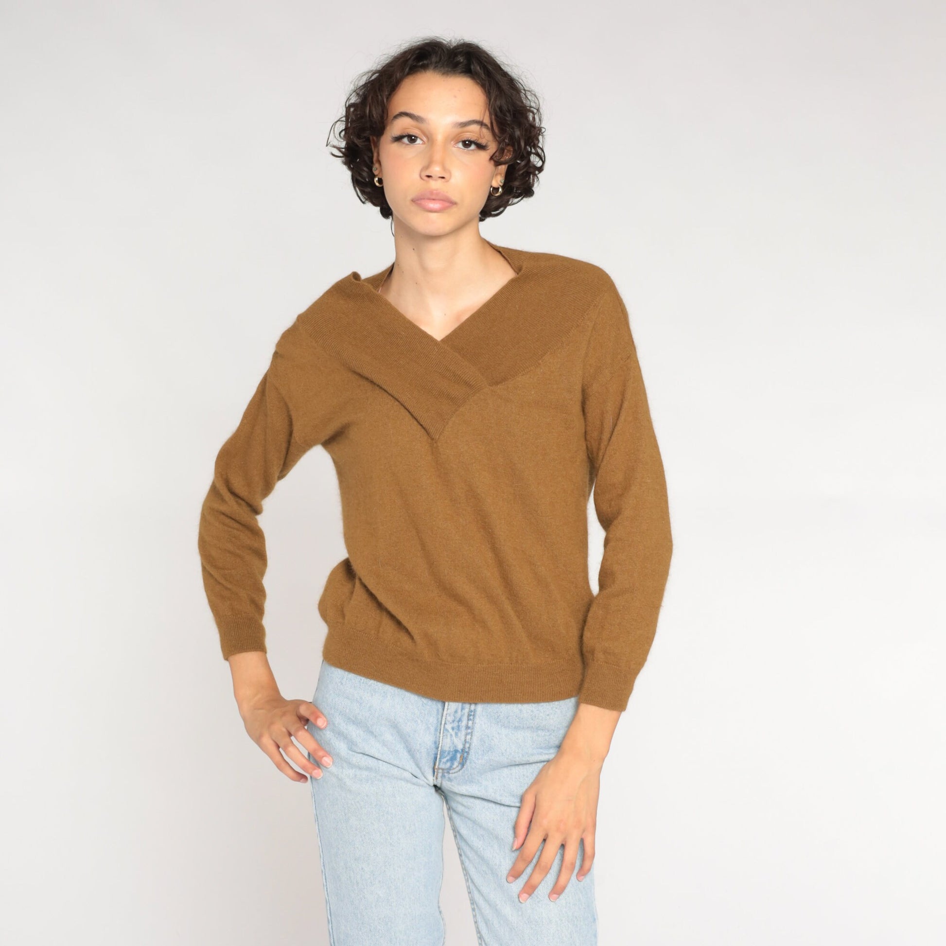 00s Brown Wool Sweater V-Neck Shawl Collar Pullover Small S