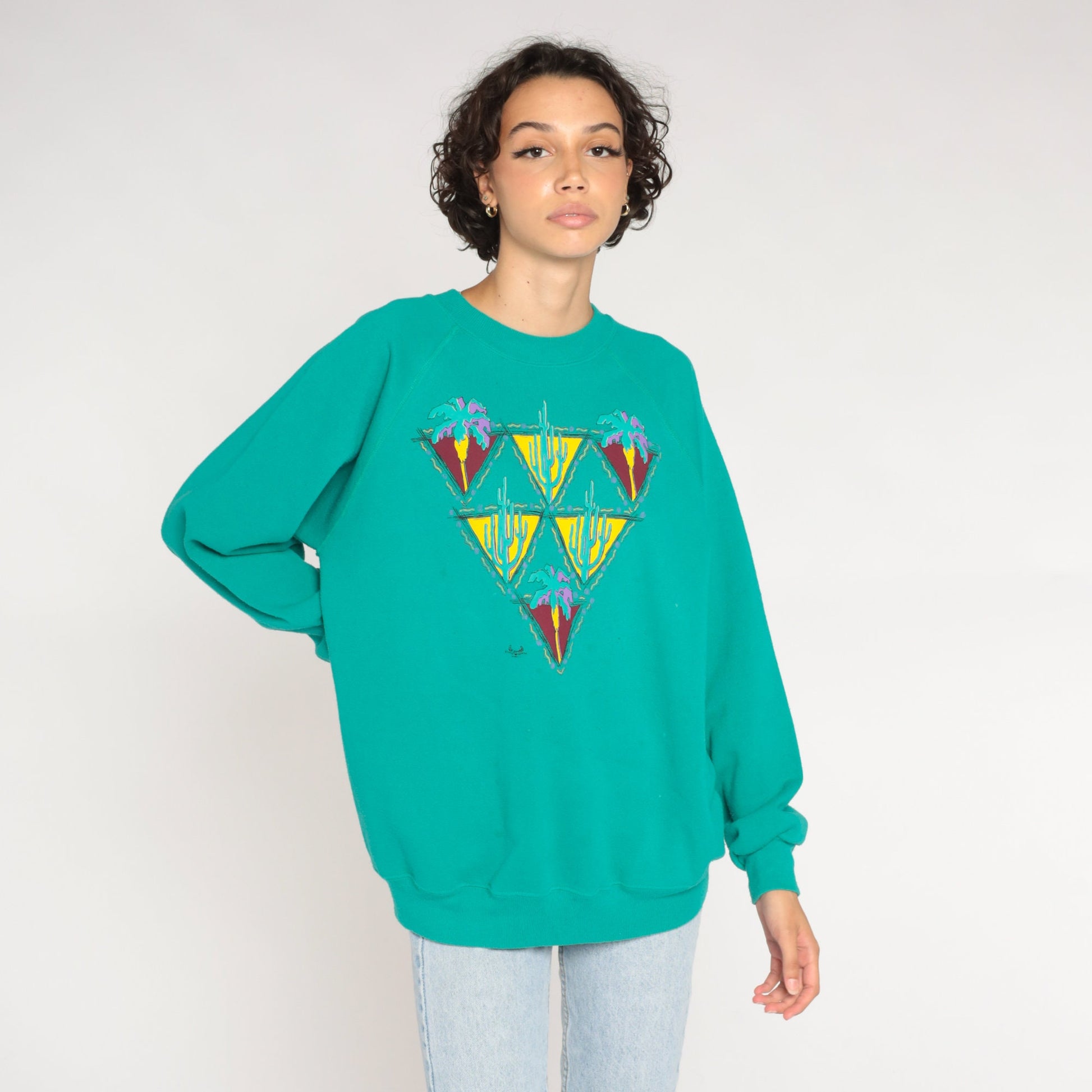 90s Desert Cactus Palm Tree Sweatshirt Green Raglan Graphic Large