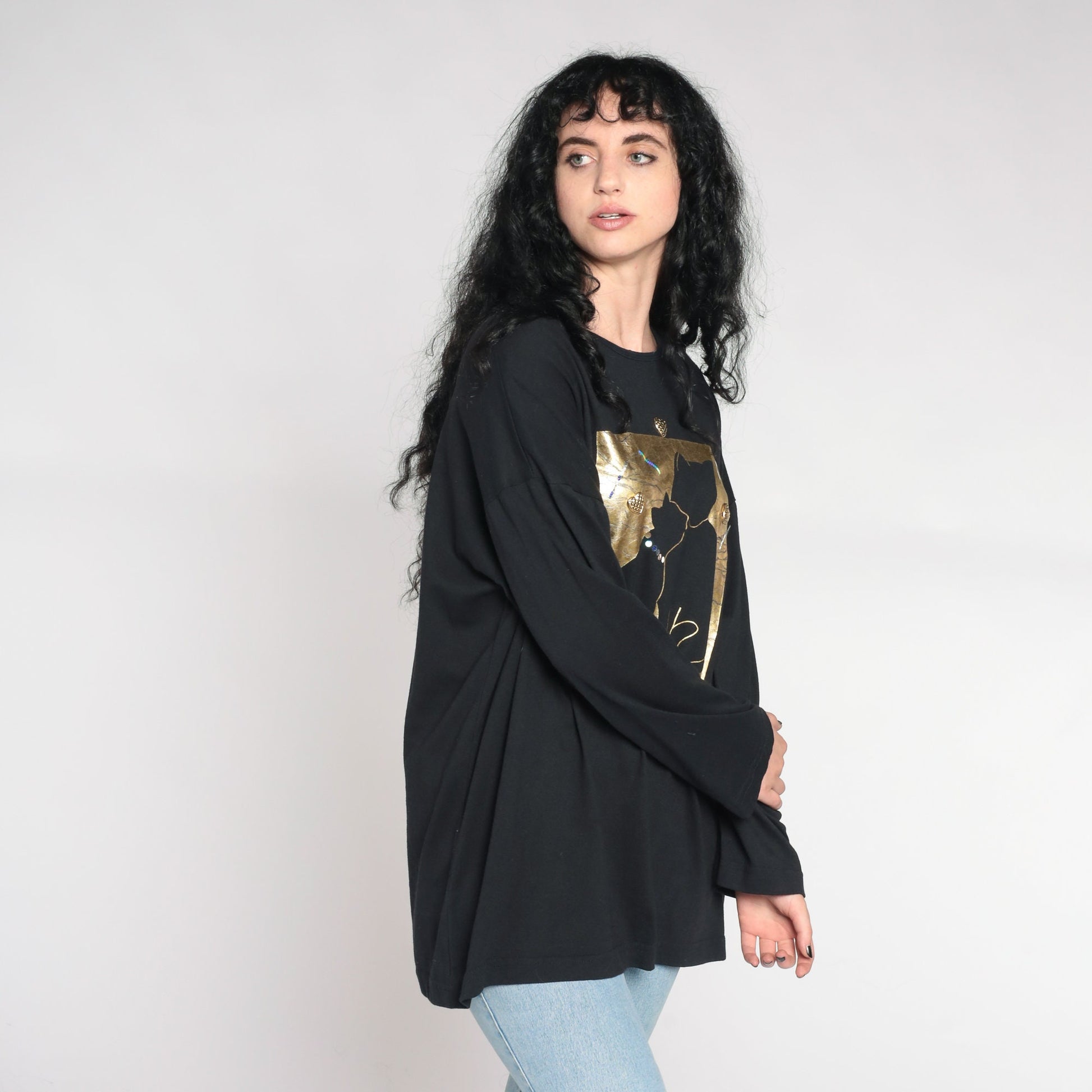 90s Cat Mama Baby Kitten Graphic Tee Gold Metallic Heart Black Extra Large