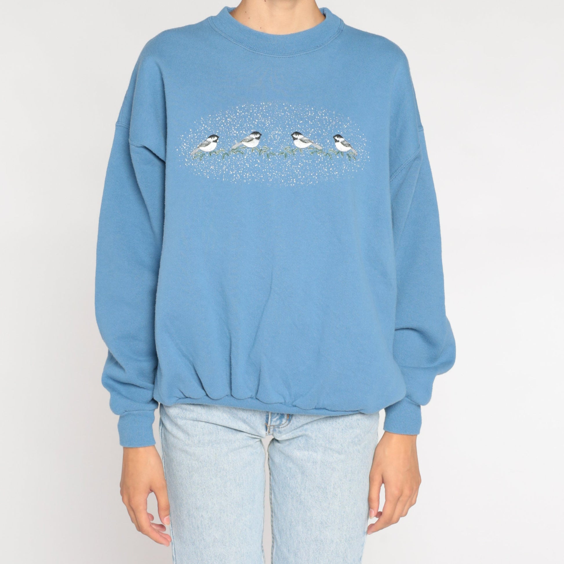 90s Bird Graphic Sweatshirt Blue Embroidered Crewneck Large