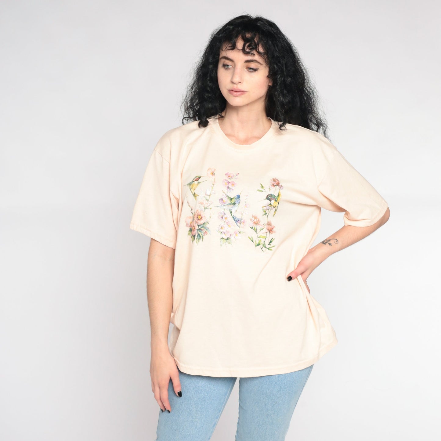 90s Hummingbird Glitter Graphic T-Shirt Floral Beige Extra Large XL