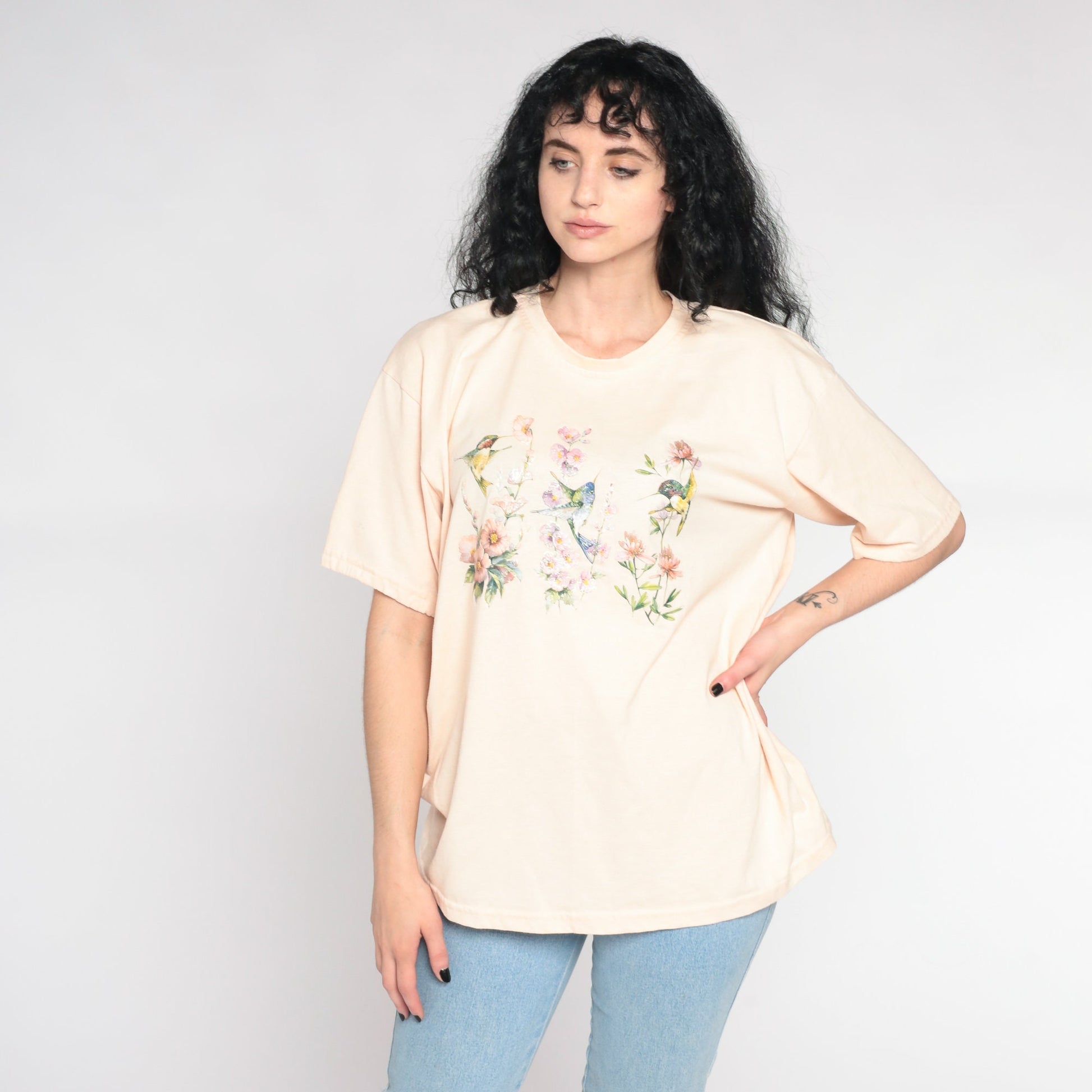 90s Hummingbird Glitter Graphic T-Shirt Floral Beige Extra Large XL