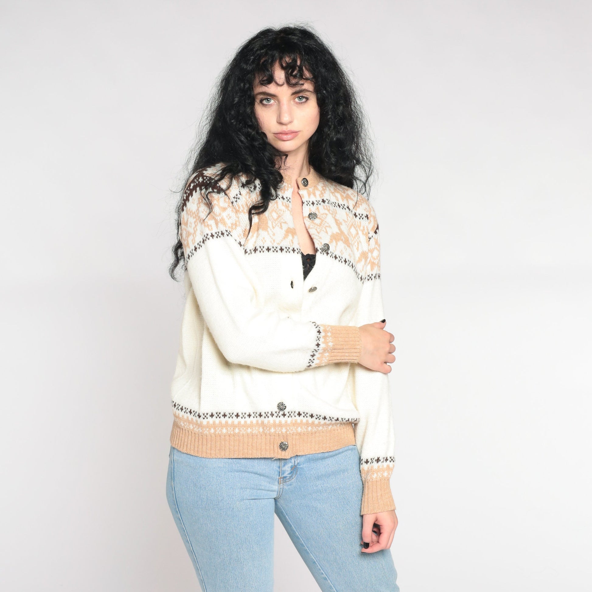 70s White Reindeer Fair Isle Cardigan Sweater Nordic Snowflake Button-Up Medium