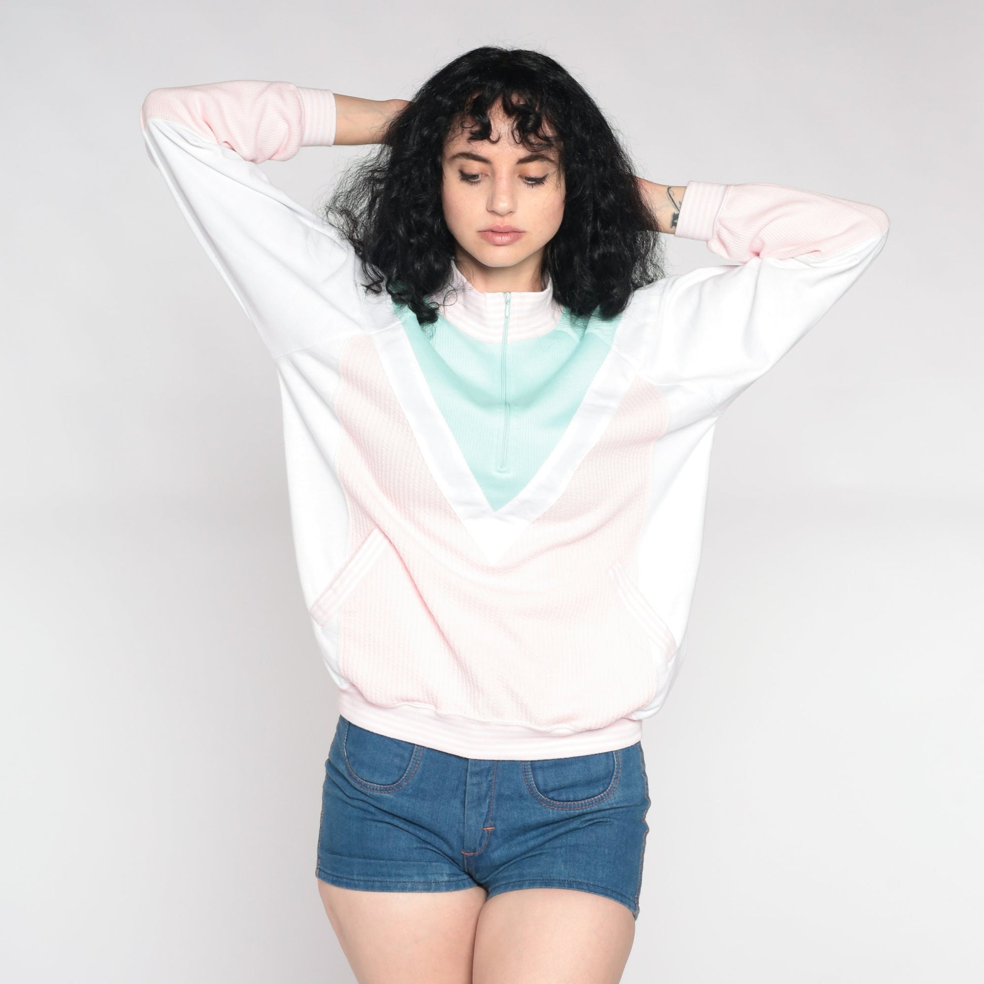 80s Colour Block Quarter Zip Sweatshirt Mock Neck Pink Mint Medium