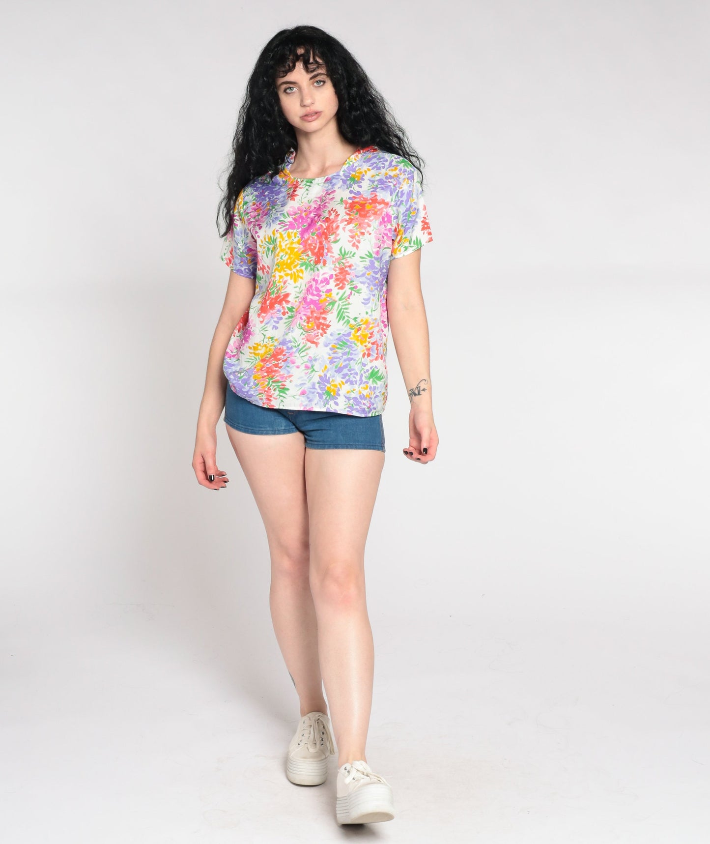 90s White Floral Pullover Blouse Short Sleeve Botanical Print Large L