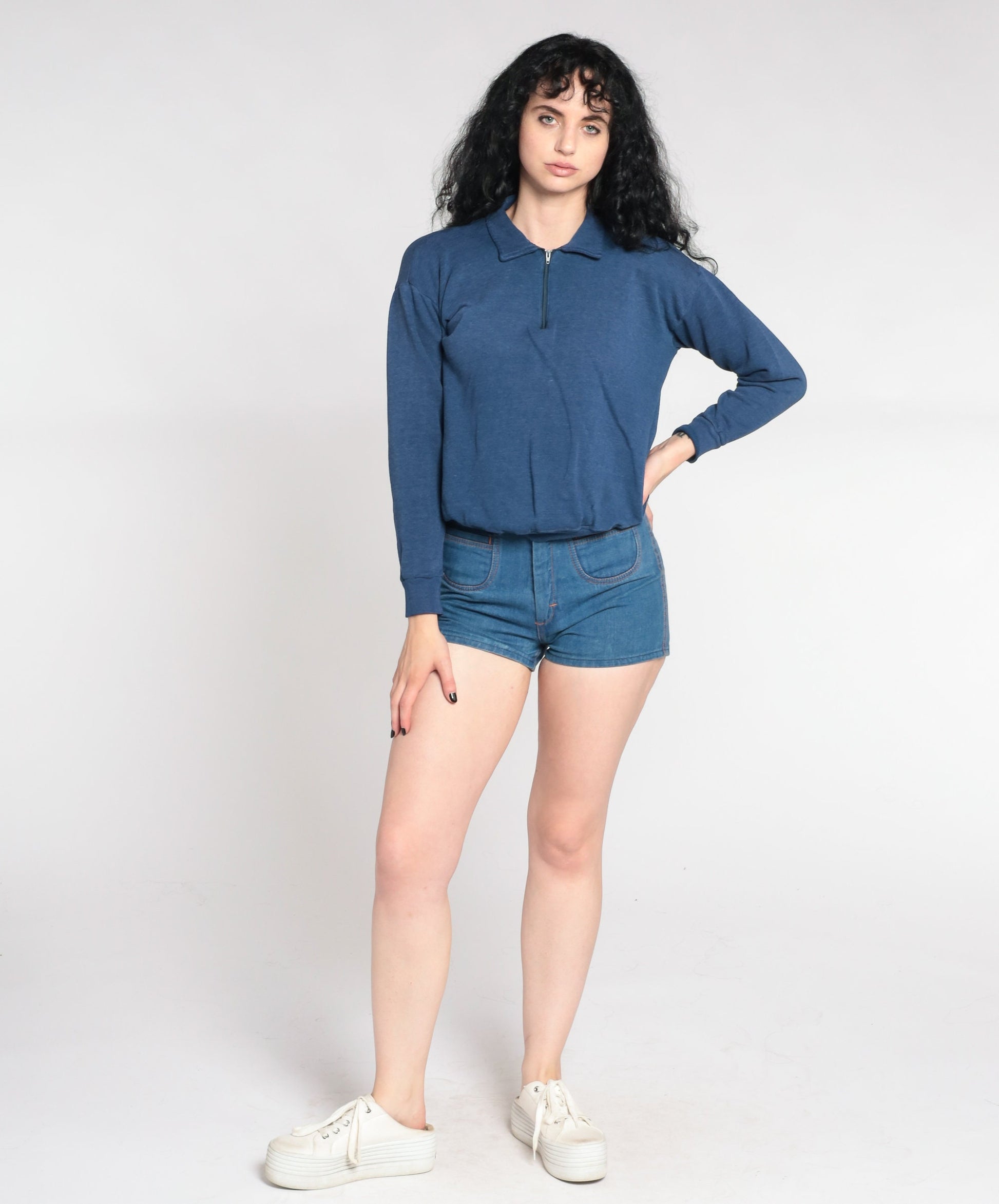 90s Blue Quarter Zip Collared Pullover Sweatshirt Plain Medium M