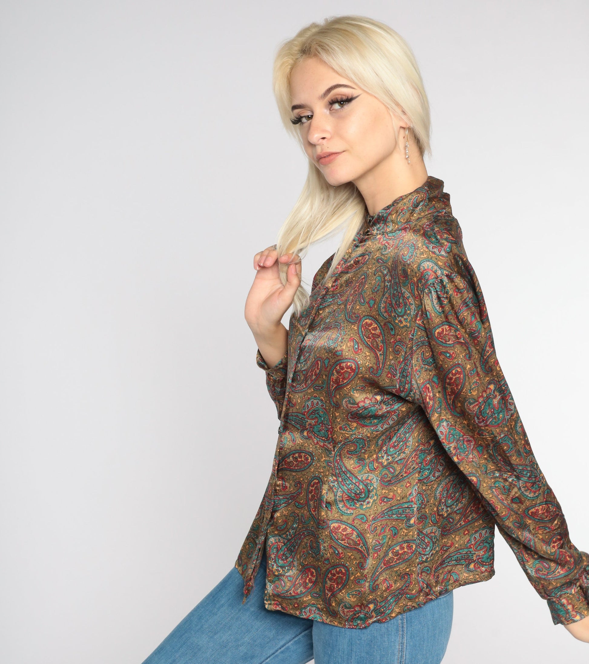80s Paisley Silk Blouse High Neck Button Up Long Sleeve Large L