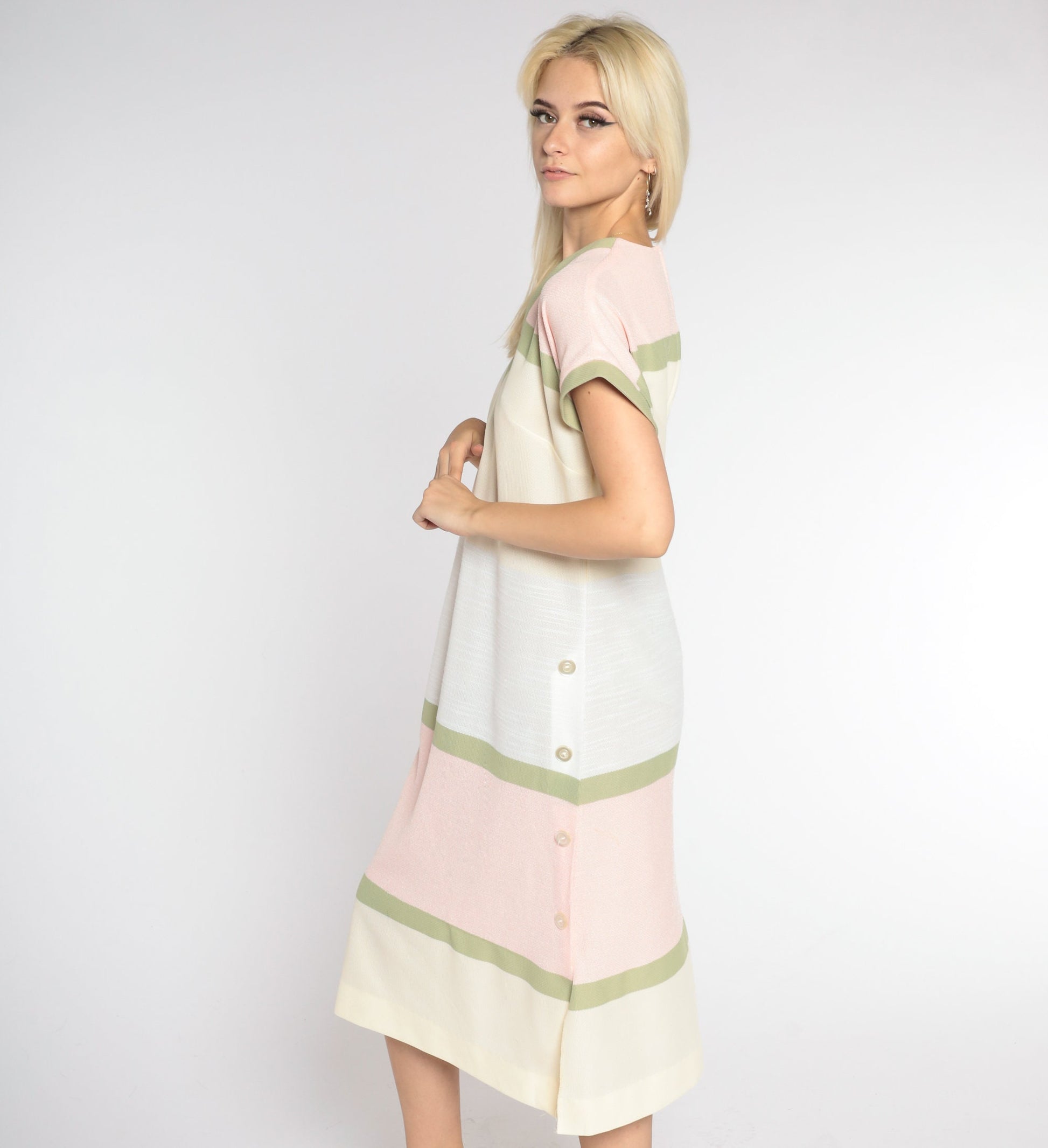 70s Striped Shift Midi Dress Cream Pink Green Grey V Neck Medium